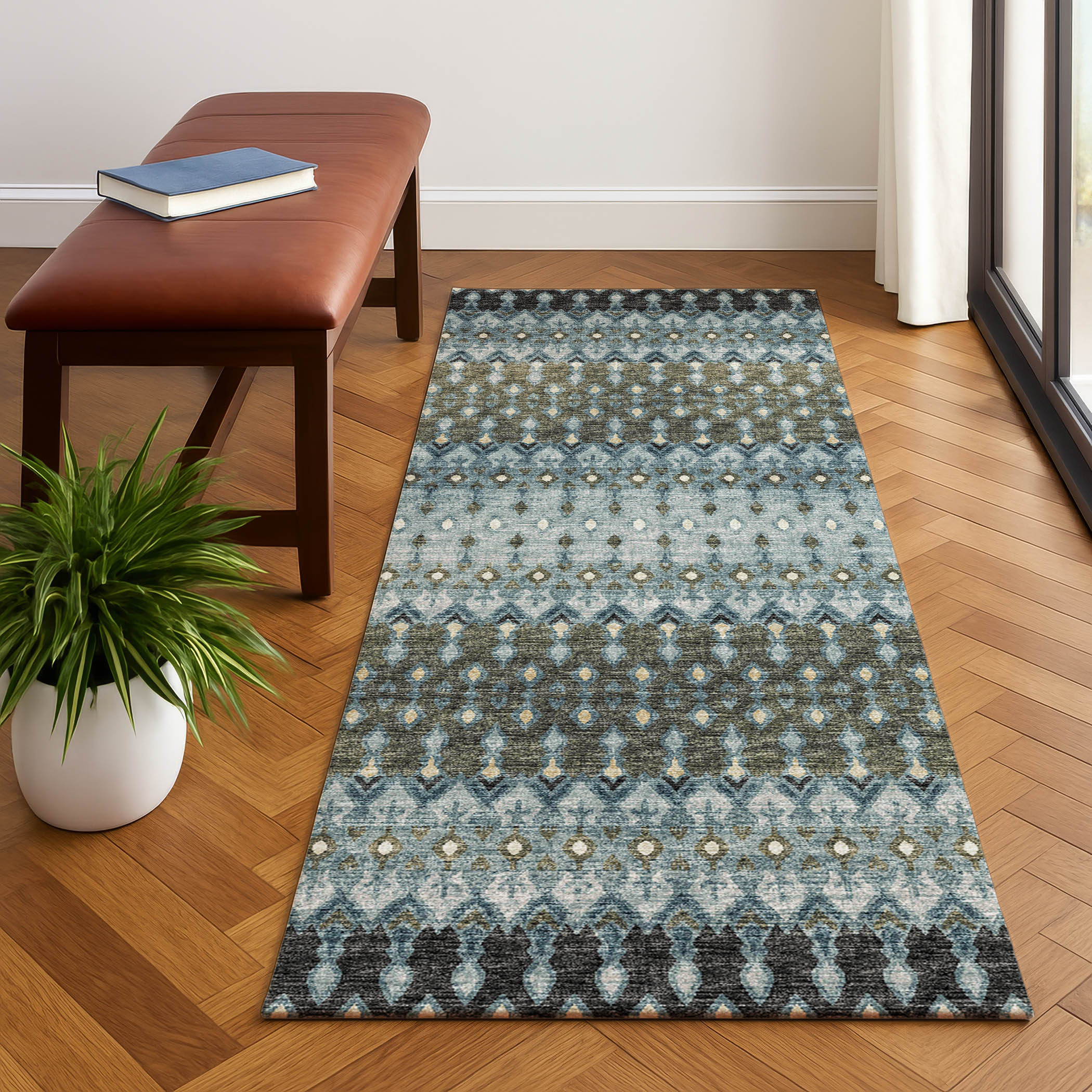 Luxury Machine Washable Indoor/Outdoor Casual BR1 Mineral Blue Rug 2'3" x 7'6" #shape_Runner
