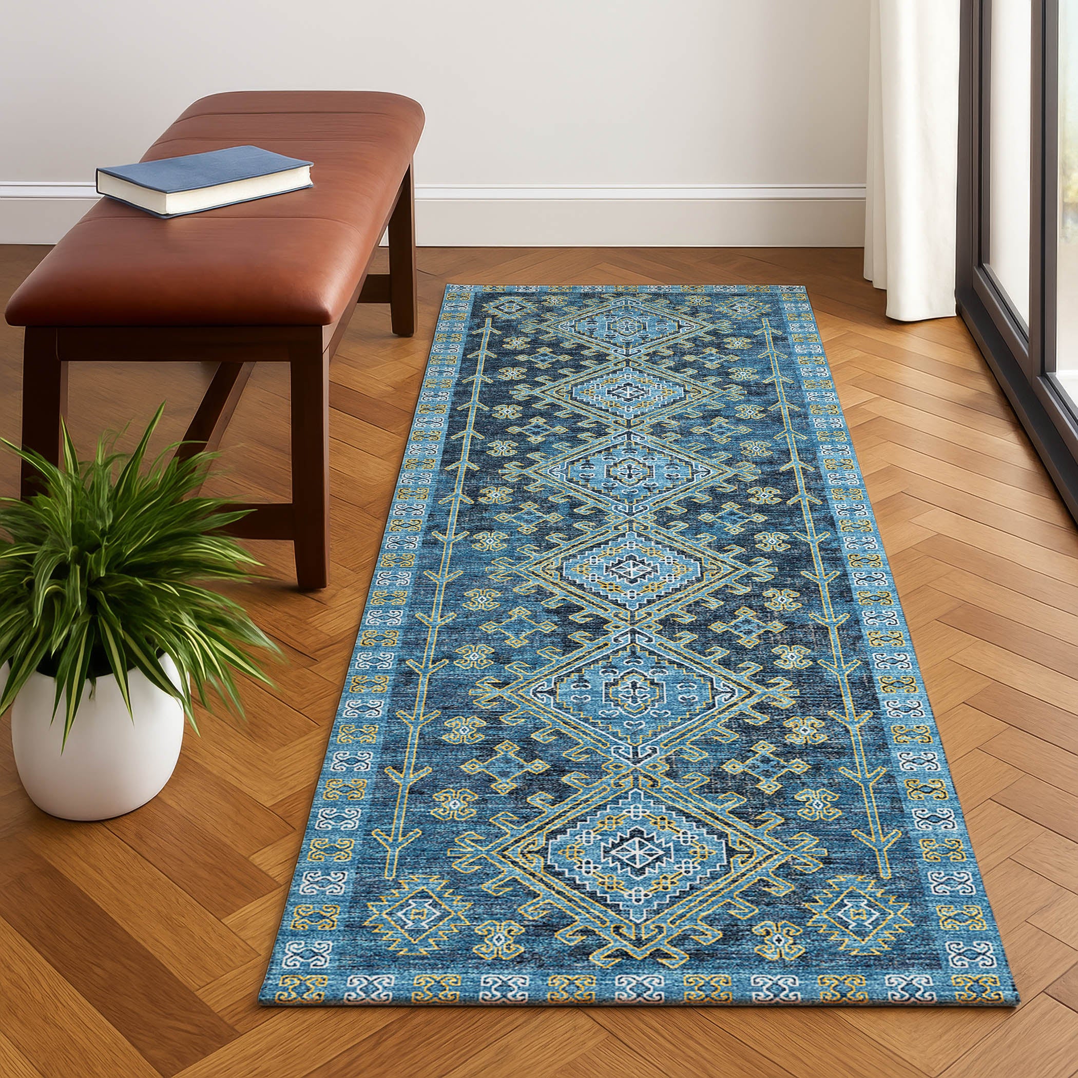 Luxury Machine Washable Indoor/Outdoor Casual BR2 Navy Blue Rug 2'3" x 7'6" #shape_Runner