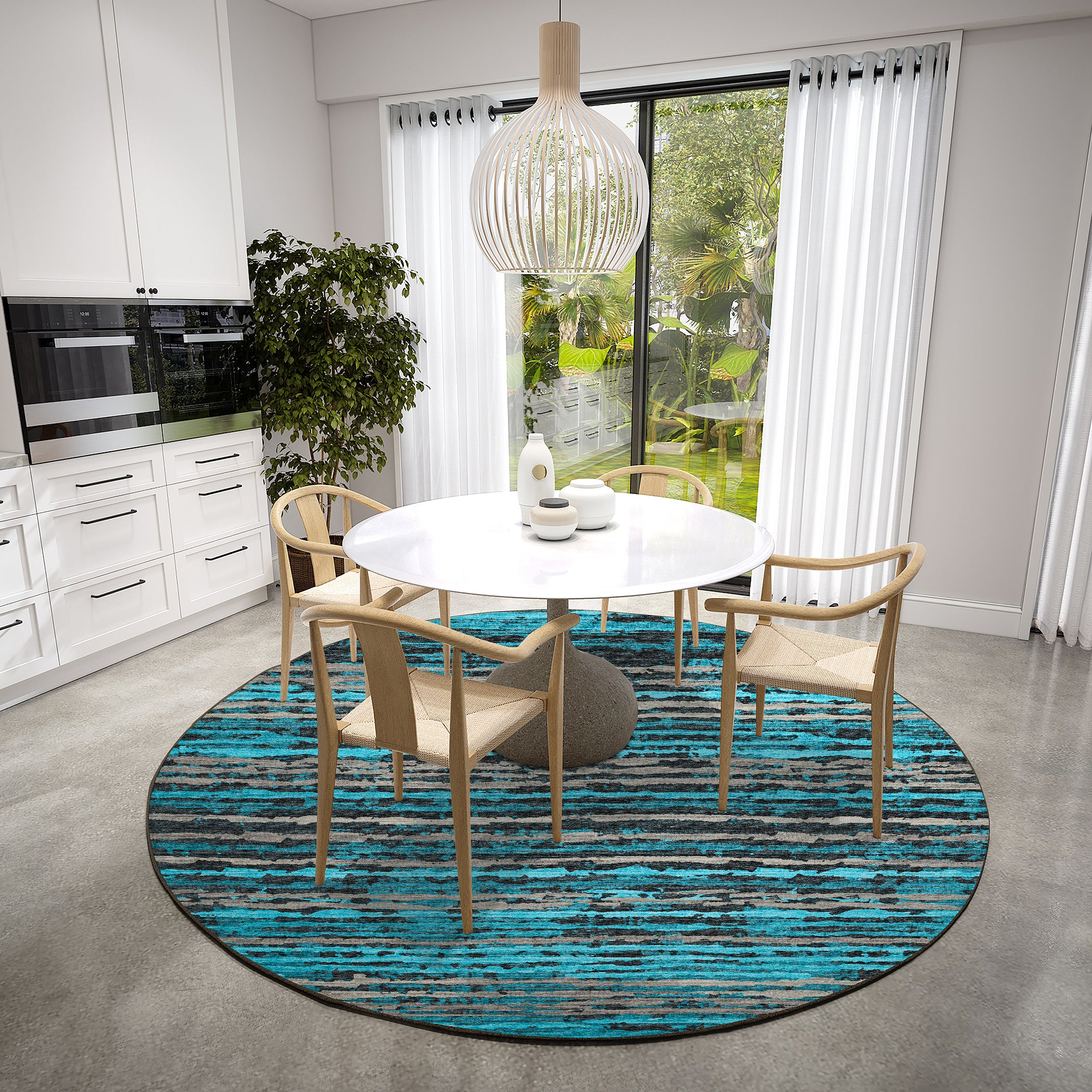 Luxury Machine Washable Indoor/Outdoor Casual BR4 Teal Rug 8' x 8' #shape_Round