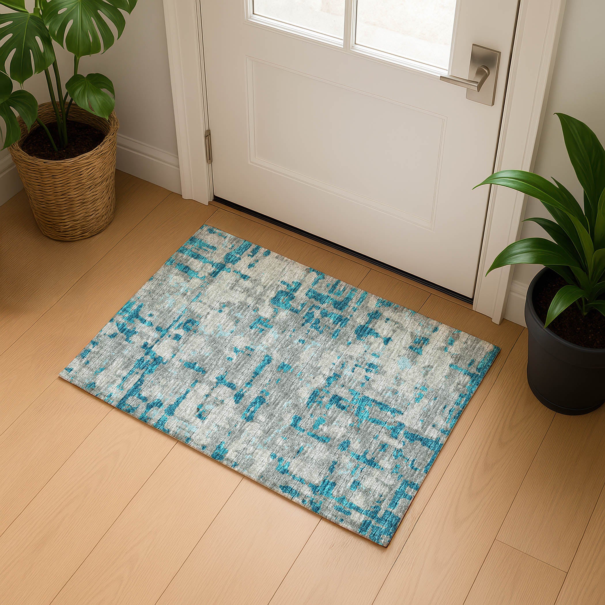 Luxury Machine Washable Indoor/Outdoor Casual BR5 Teal Rug 1'8" x 2'6" #shape_Rectangle