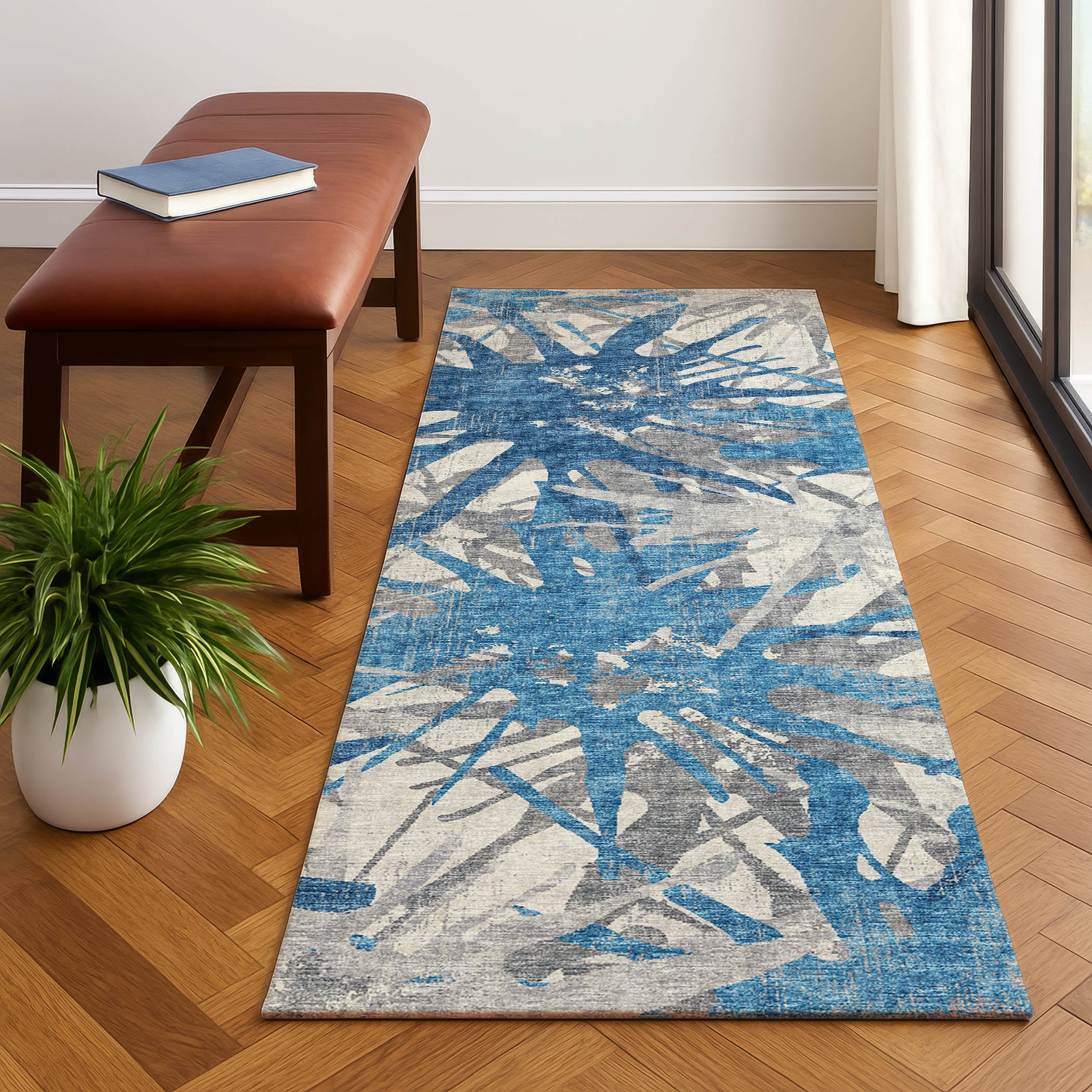 Luxury Machine Washable Indoor/Outdoor Casual BR6 Cobalt Gray Rug 2'3" x 7'6" #shape_Runner