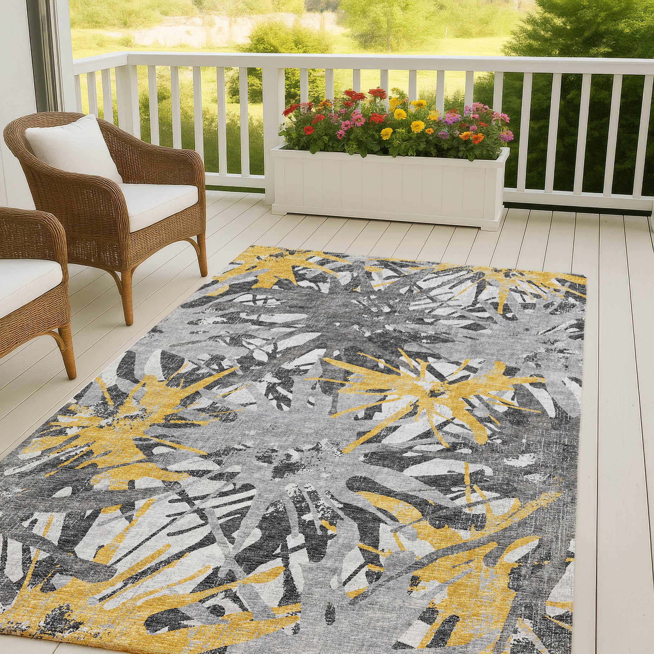 Luxury Machine Washable Indoor/Outdoor Casual BR6 Gold Gray Rug 3' x 5' #shape_Rectangle