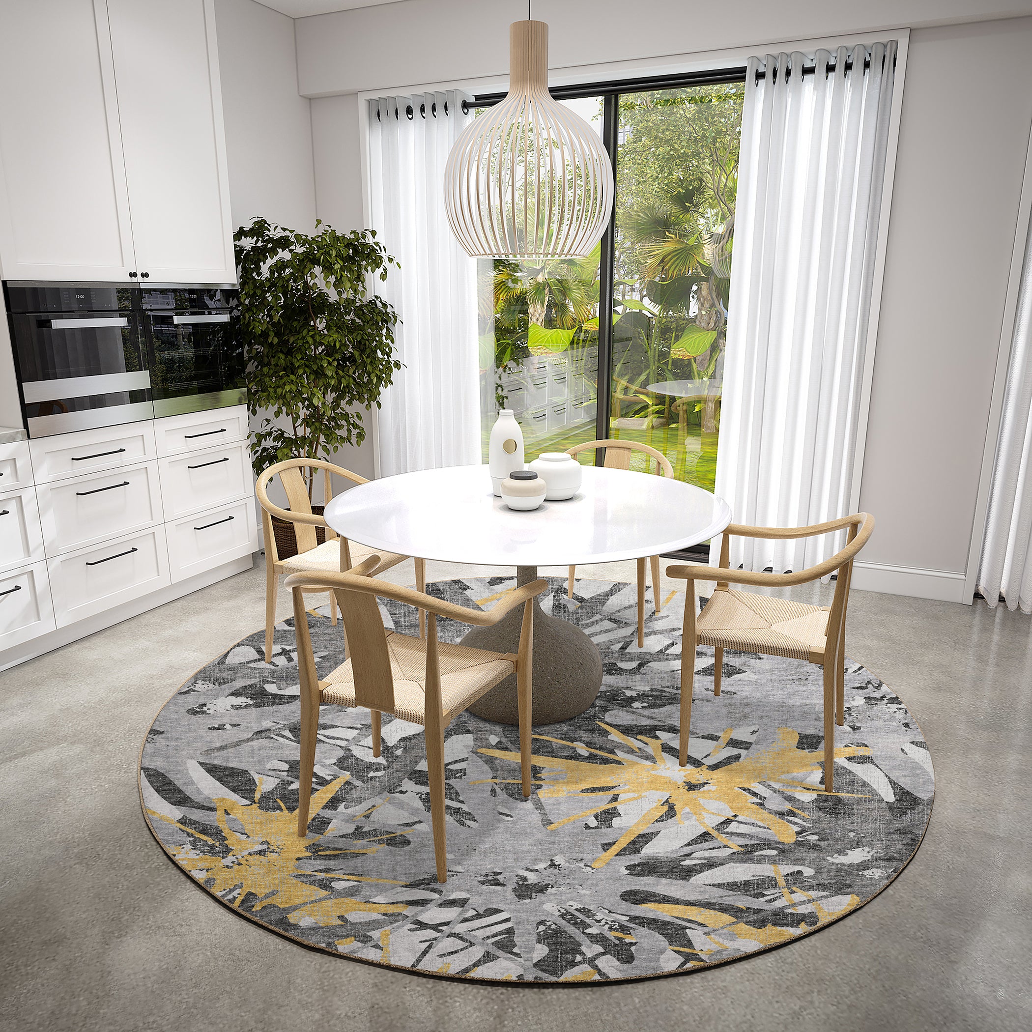 Luxury Machine Washable Indoor/Outdoor Casual BR6 Gold Gray Rug 8' x 8' #shape_Round