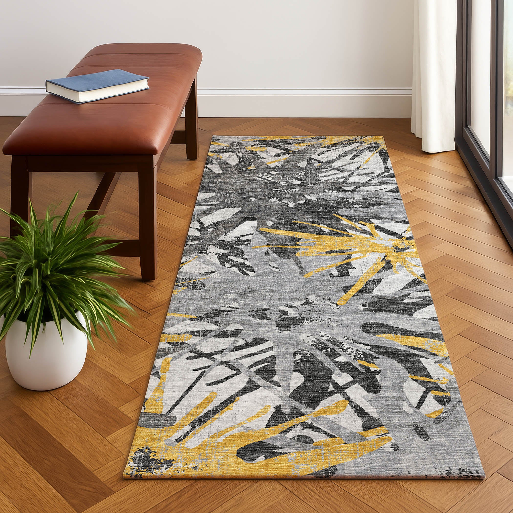 Luxury Machine Washable Indoor/Outdoor Casual BR6 Gold Gray Rug 2'3" x 7'6" #shape_Runner