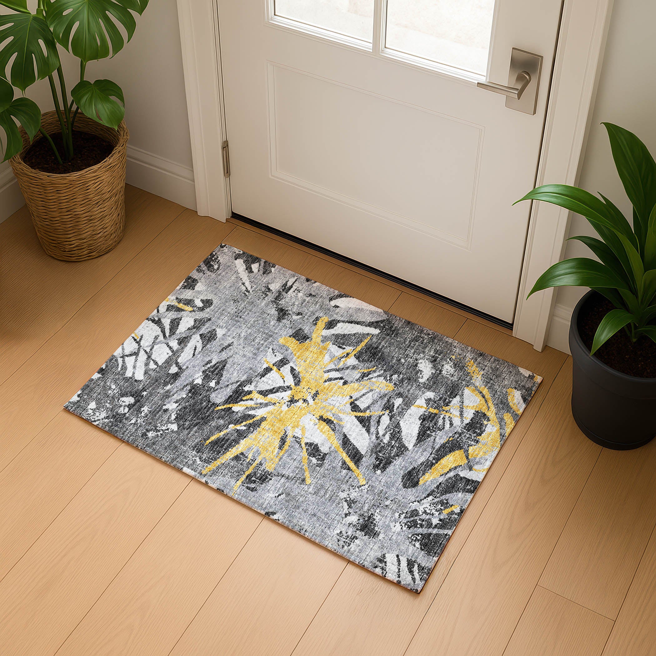 Luxury Machine Washable Indoor/Outdoor Casual BR6 Gold Gray Rug 1'8" x 2'6" #shape_Rectangle