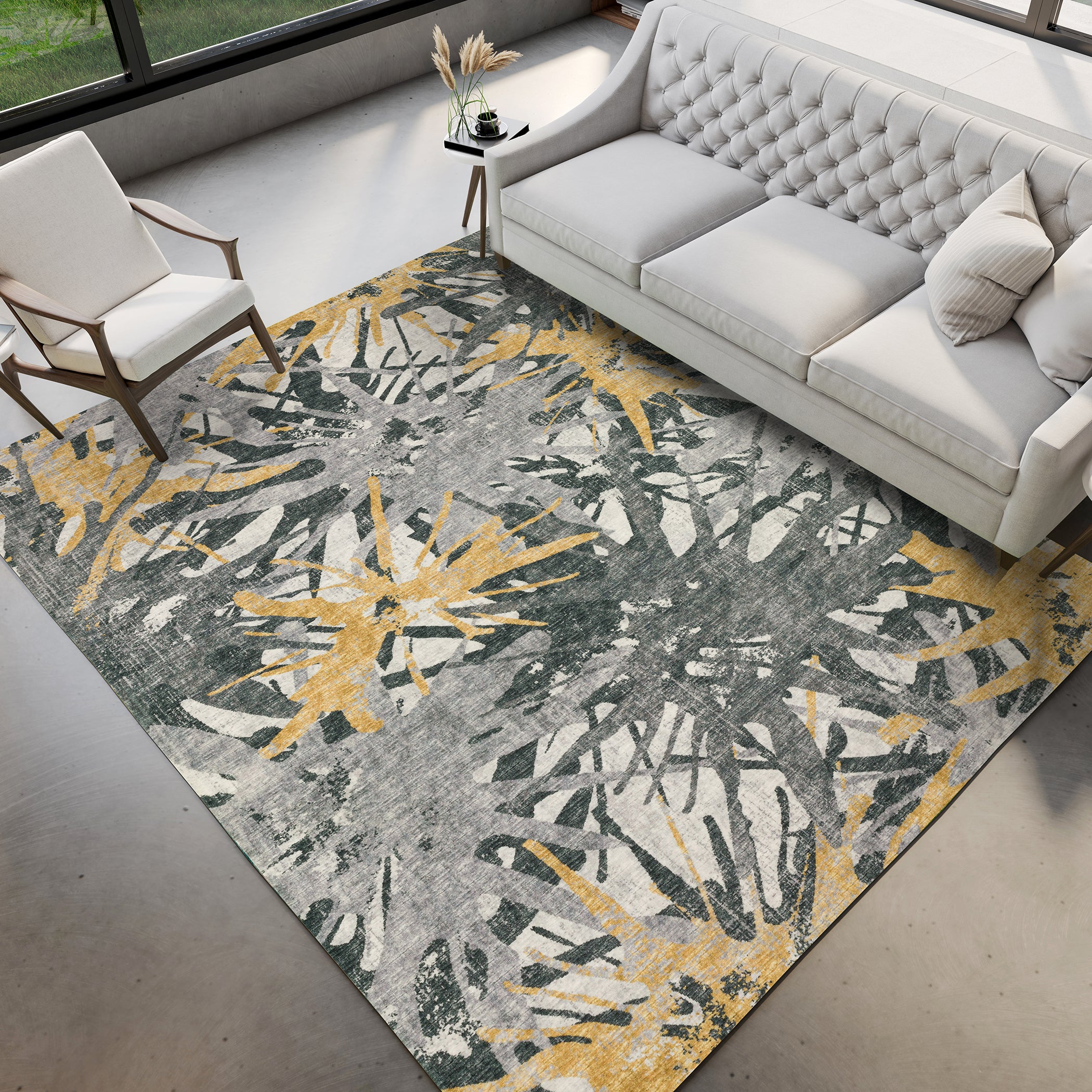 Luxury Machine Washable Indoor/Outdoor Casual BR6 Gold Gray Rug 3' x 5' #shape_Rectangle