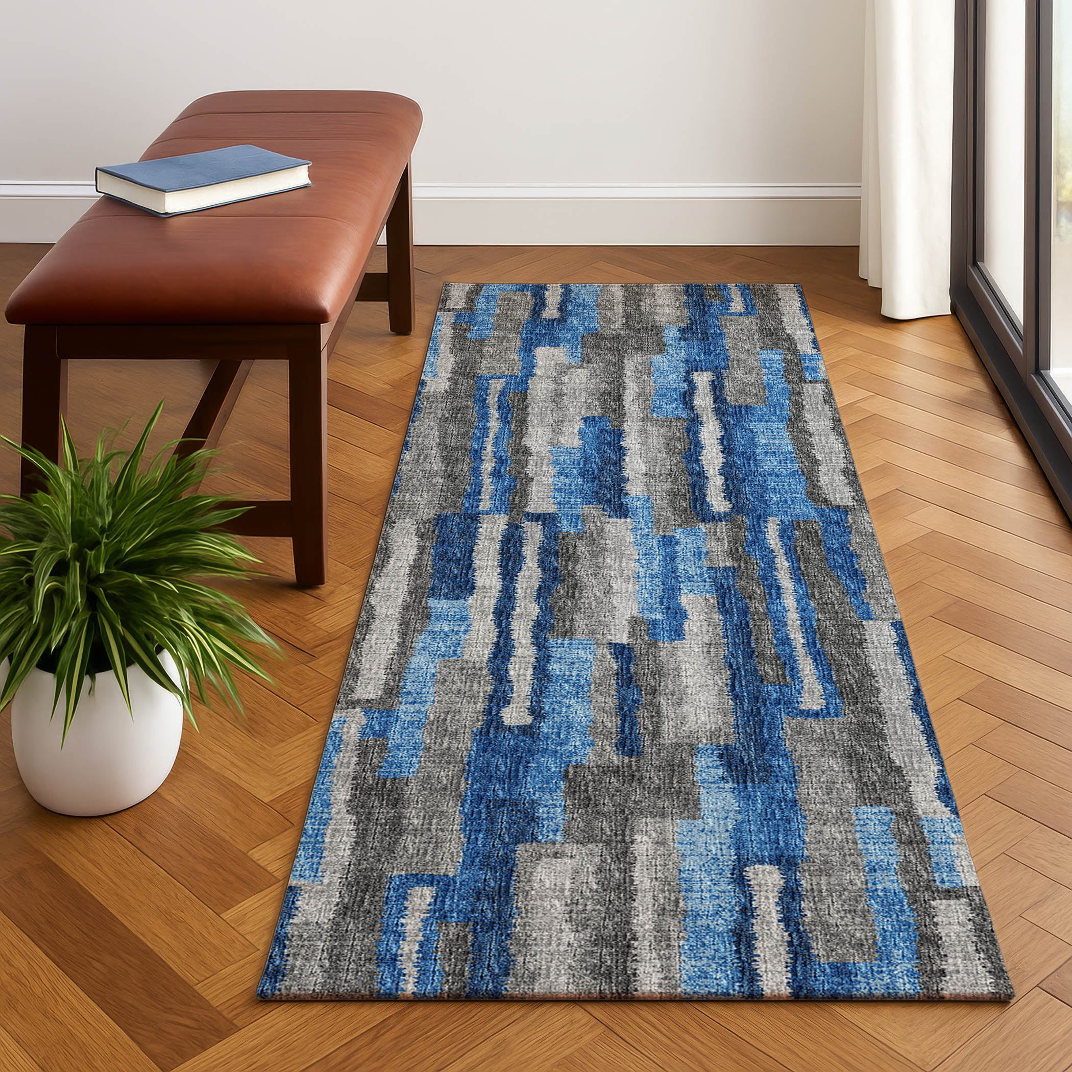 Luxury Machine Washable Indoor/Outdoor Casual BR7 Navy Blue Rug 2'3" x 7'6" #shape_Runner
