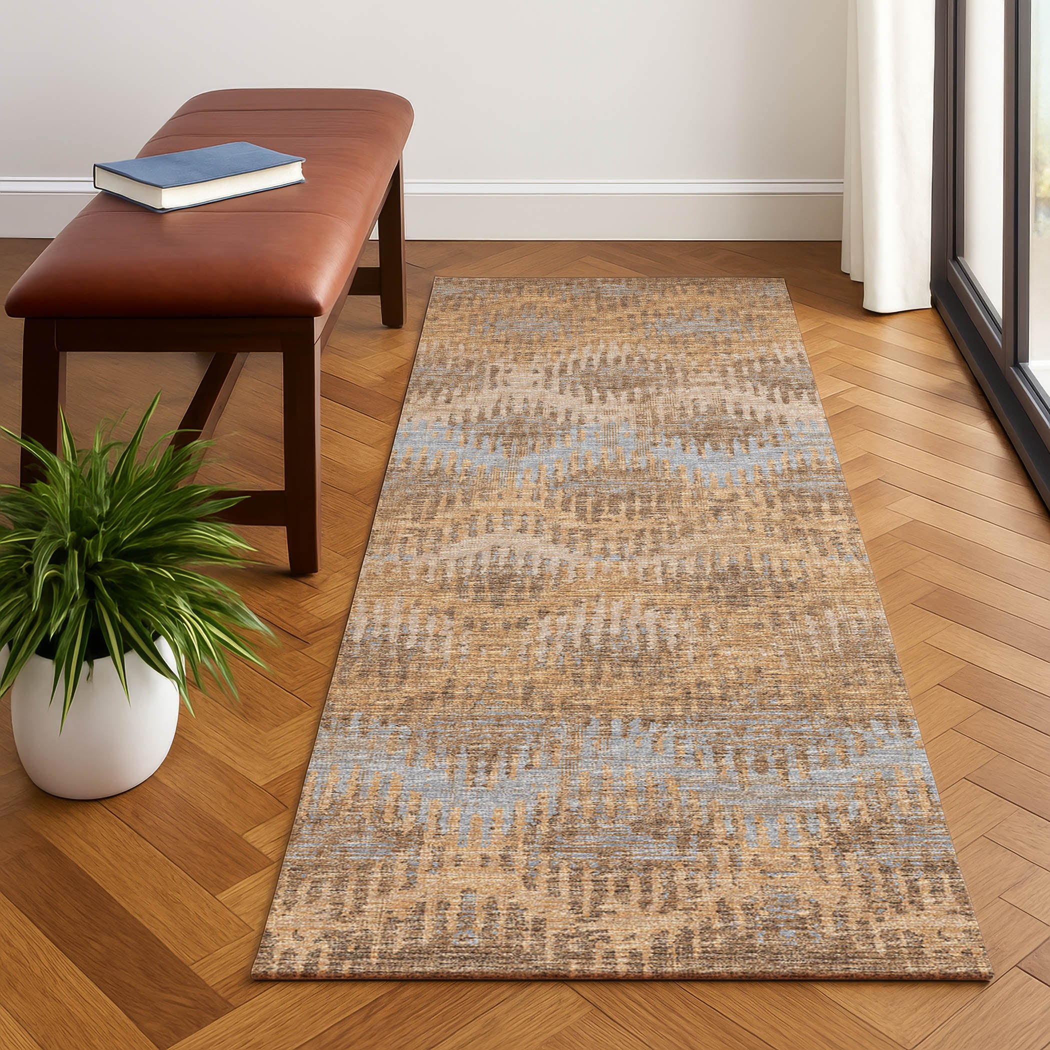 Luxury Machine Washable Indoor/Outdoor Casual BR9 Sandstone Brown Rug 2'3" x 7'6" #shape_Runner