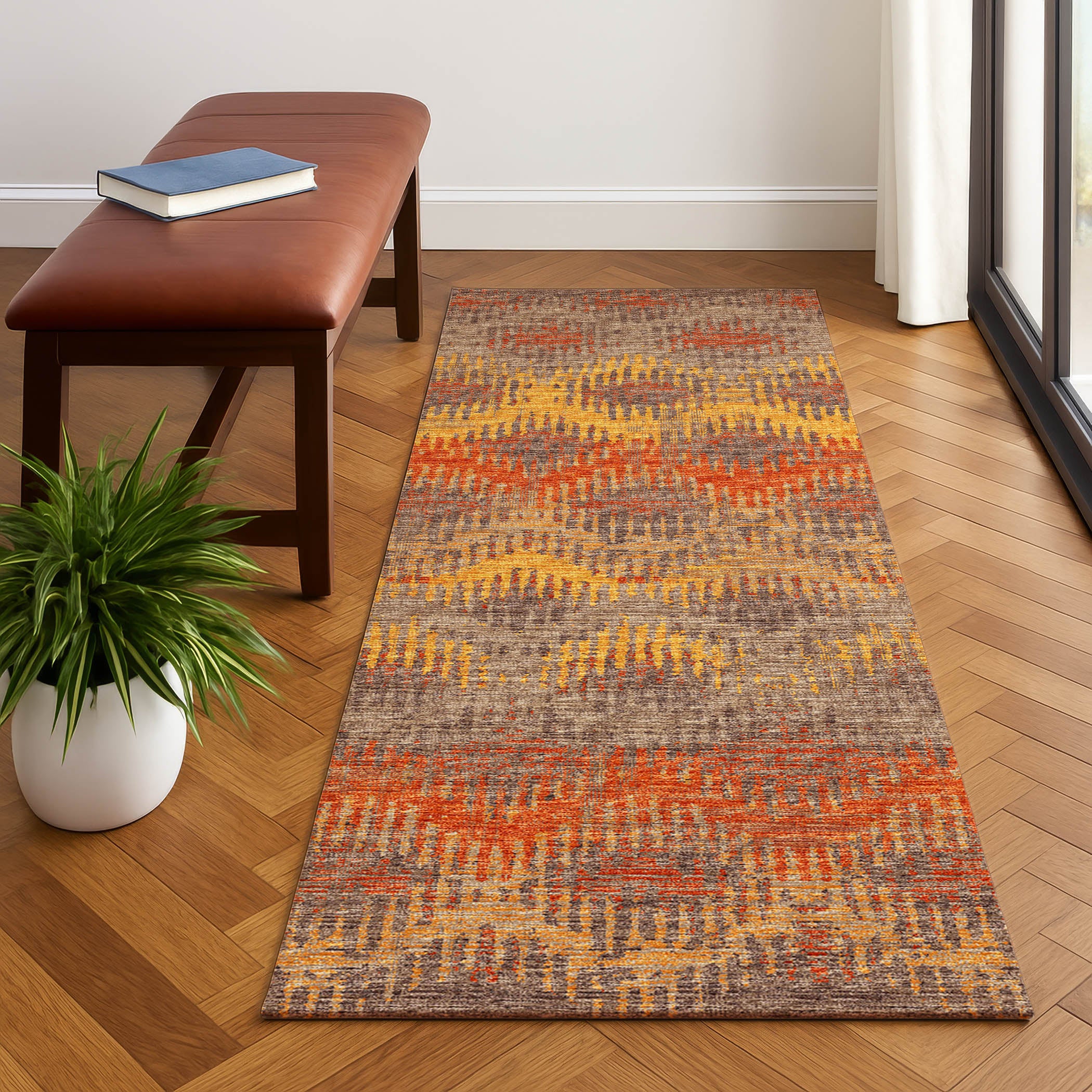 Luxury Machine Washable Indoor/Outdoor Casual BR9 Sunset Orange Rug 2'3" x 7'6" #shape_Runner