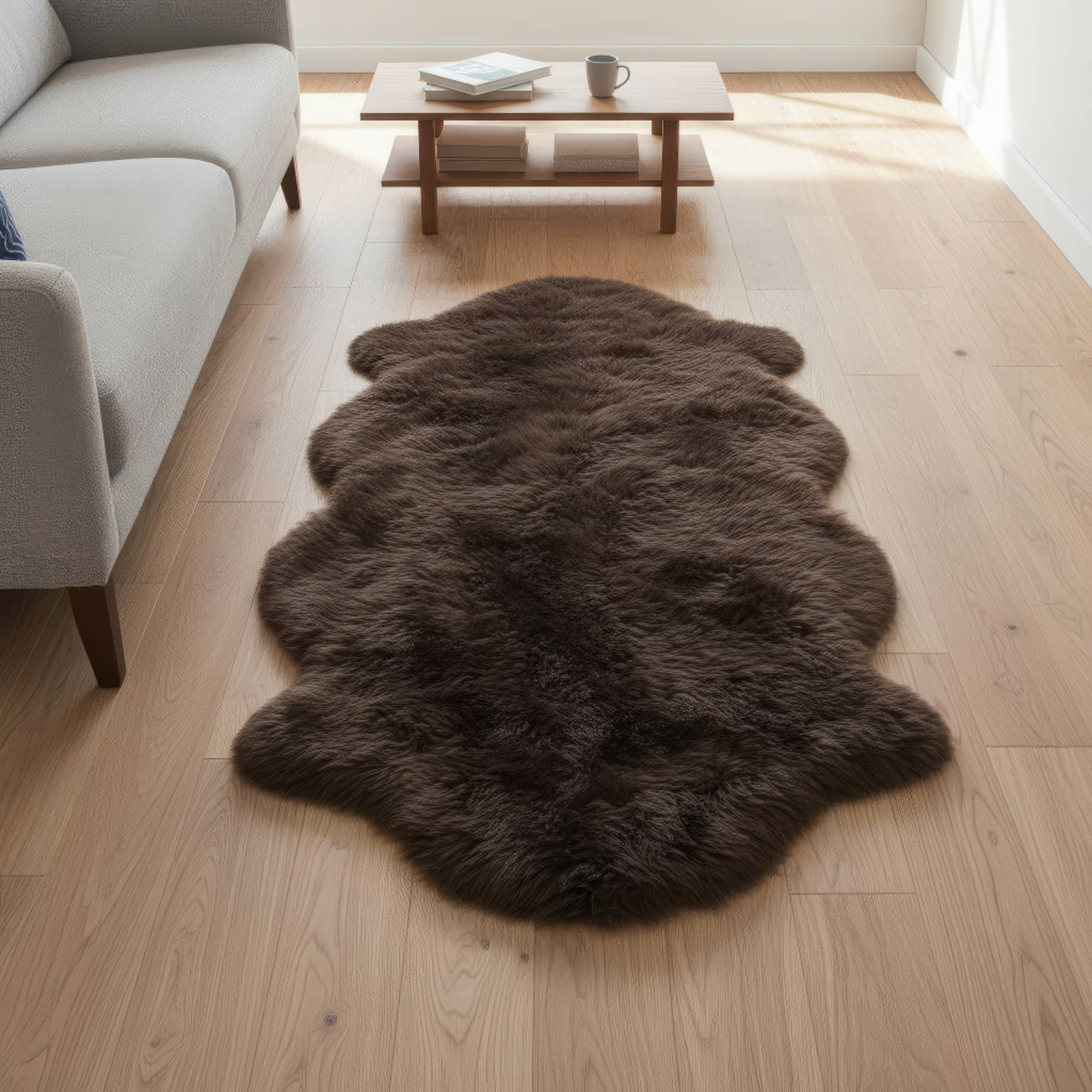 Brown fur rug on a wooden floor in a living room setting#size_2' x 6'