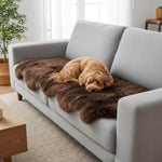 Dog lying on a brown fur throw blanket on a gray sofa in a living room. #size_2' x 6'