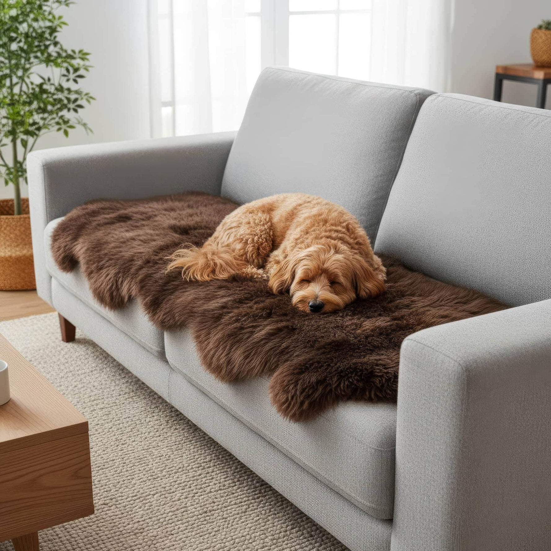 Dog lying on a brown fur throw blanket on a gray sofa in a living room. #size_2' x 6'