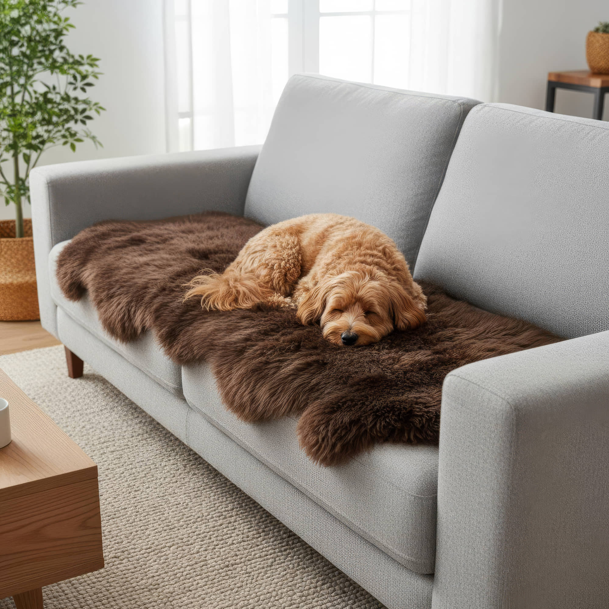 Dog lying on a brown fur throw blanket on a gray sofa in a living room. #size_2' x 6'