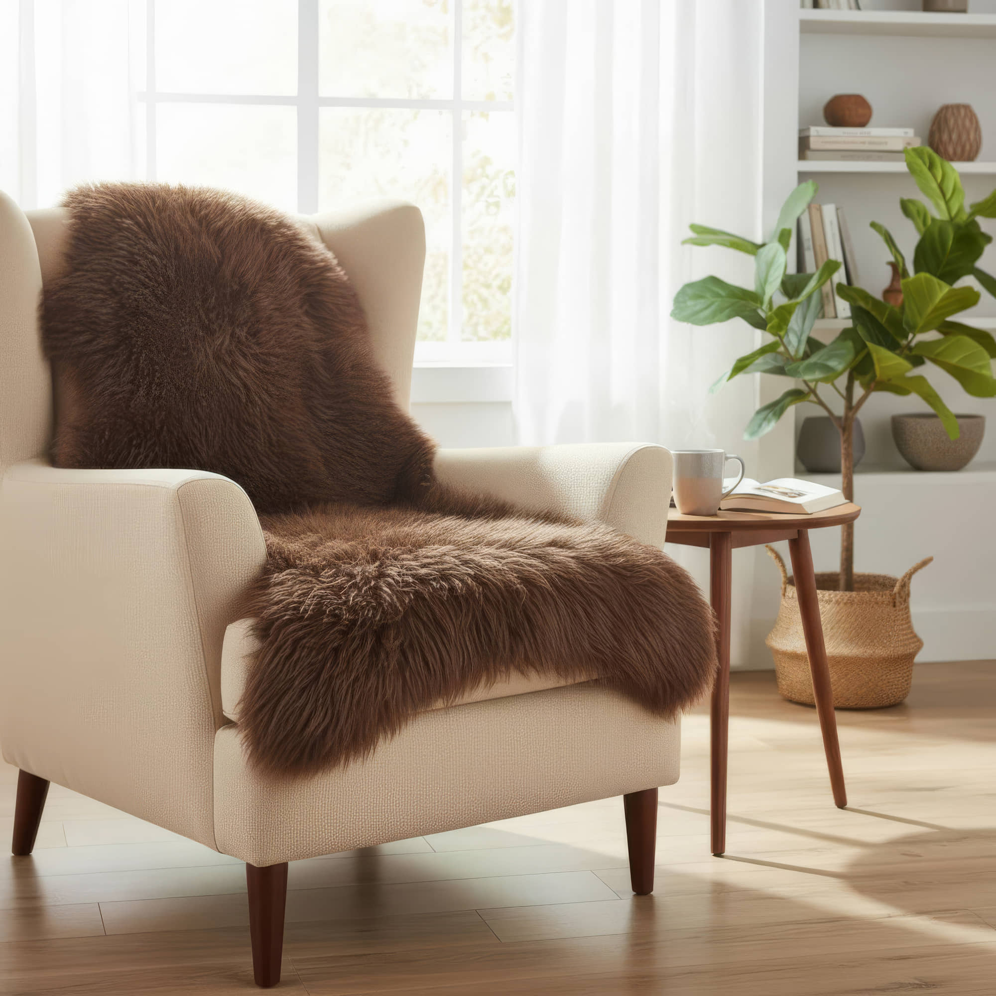 Beige armchair with brown fur throw in a bright living room. #size_2' x 3'