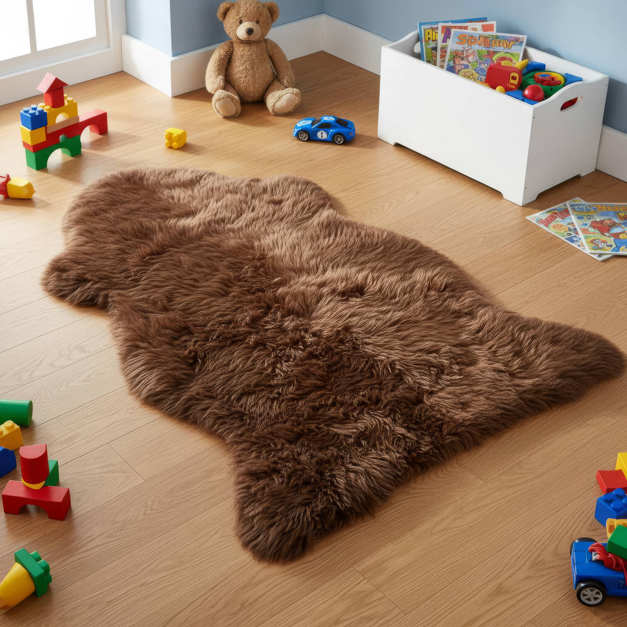 Brown fluffy rug on a wooden floor with toys around #size_2' x 3'