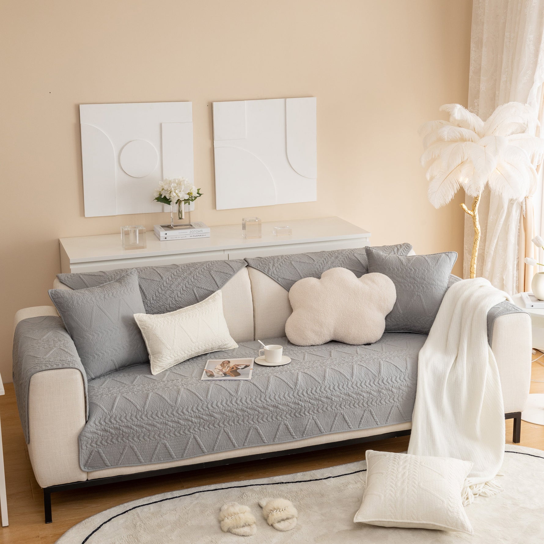 Geometric Textured Cotton Quilted Sofa Cover, Non-Slip Washable Couch Protector