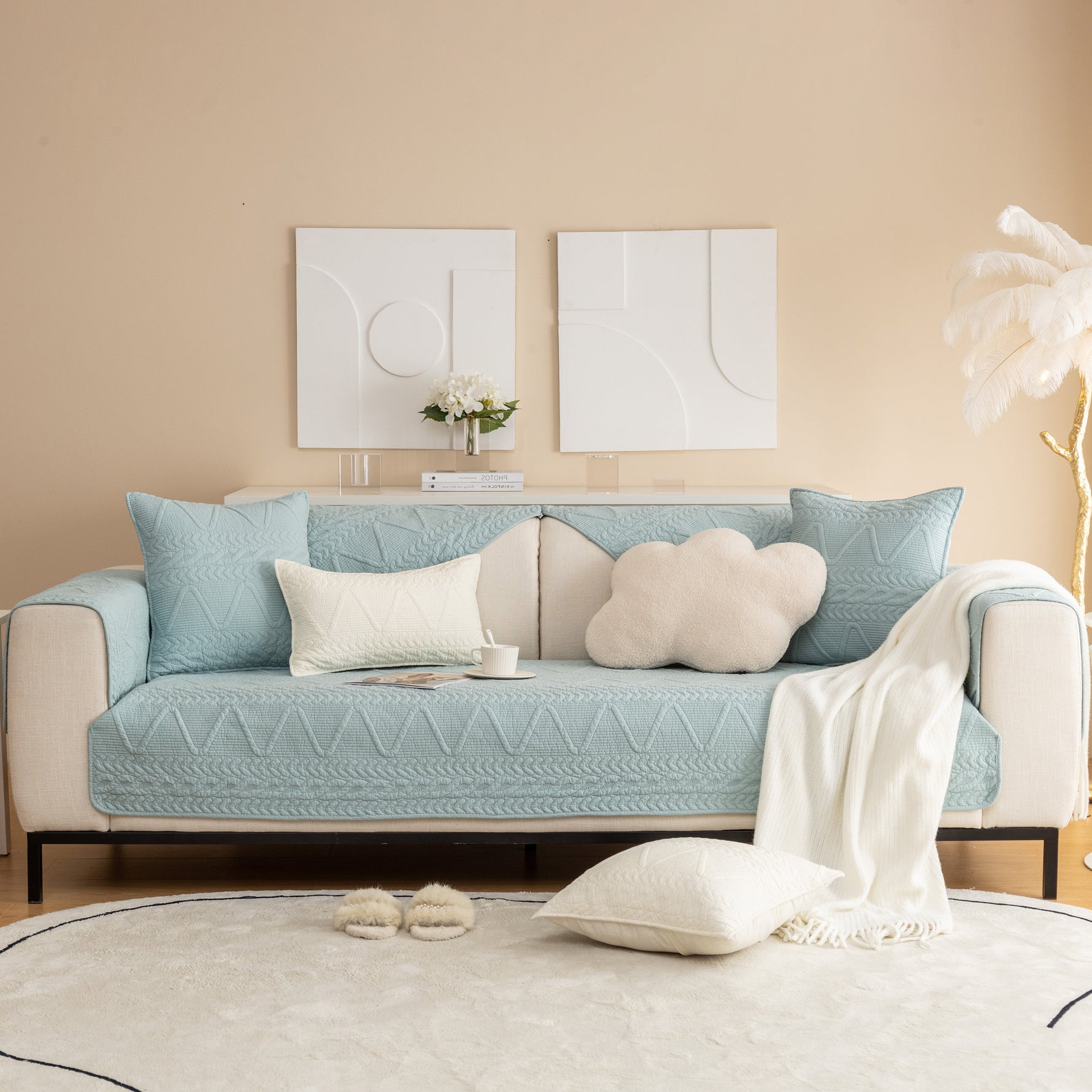 Geometric Textured Cotton Quilted Sofa Cover, Non-Slip Washable Couch Protector