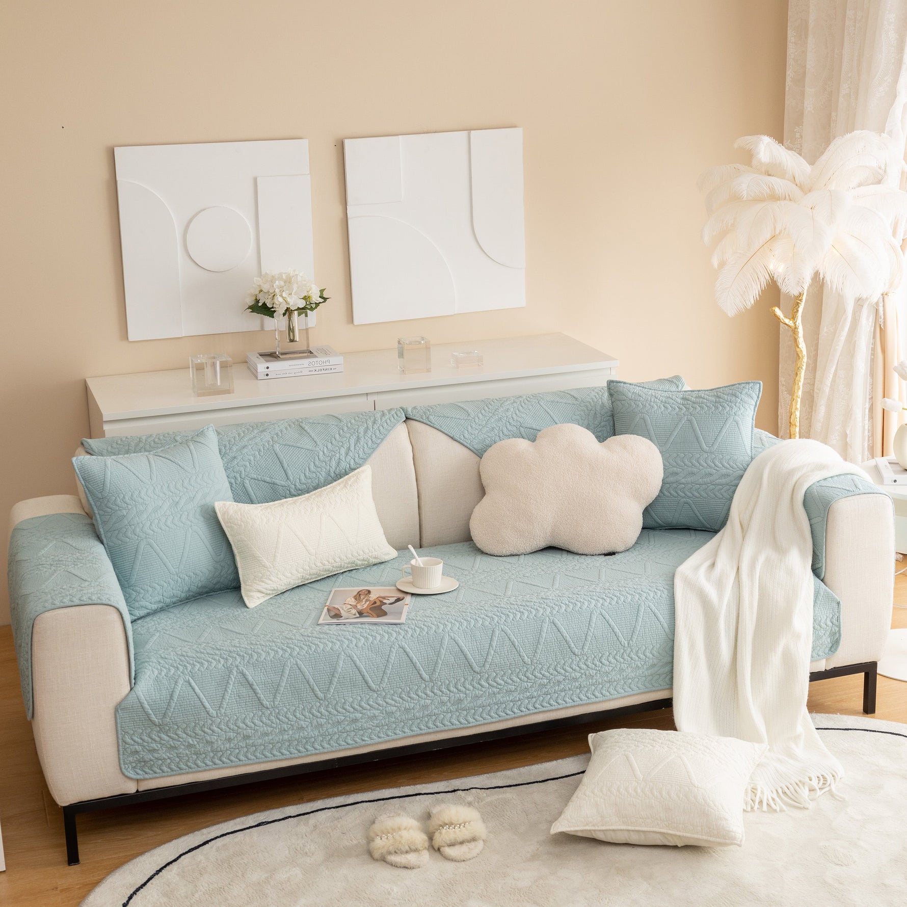 Geometric Textured Cotton Quilted Sofa Cover, Non-Slip Washable Couch Protector