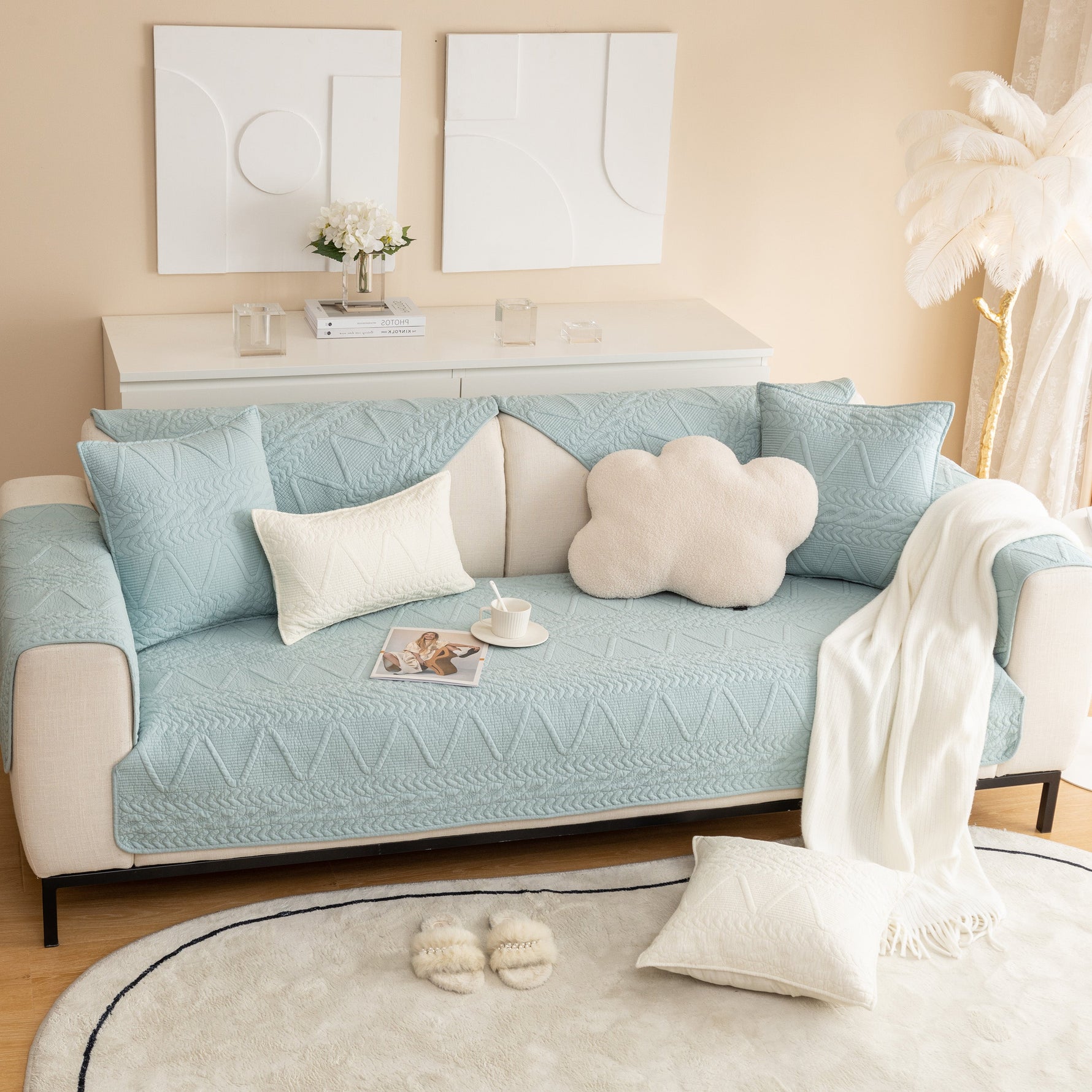 Geometric Textured Cotton Quilted Sofa Cover, Non-Slip Washable Couch Protector