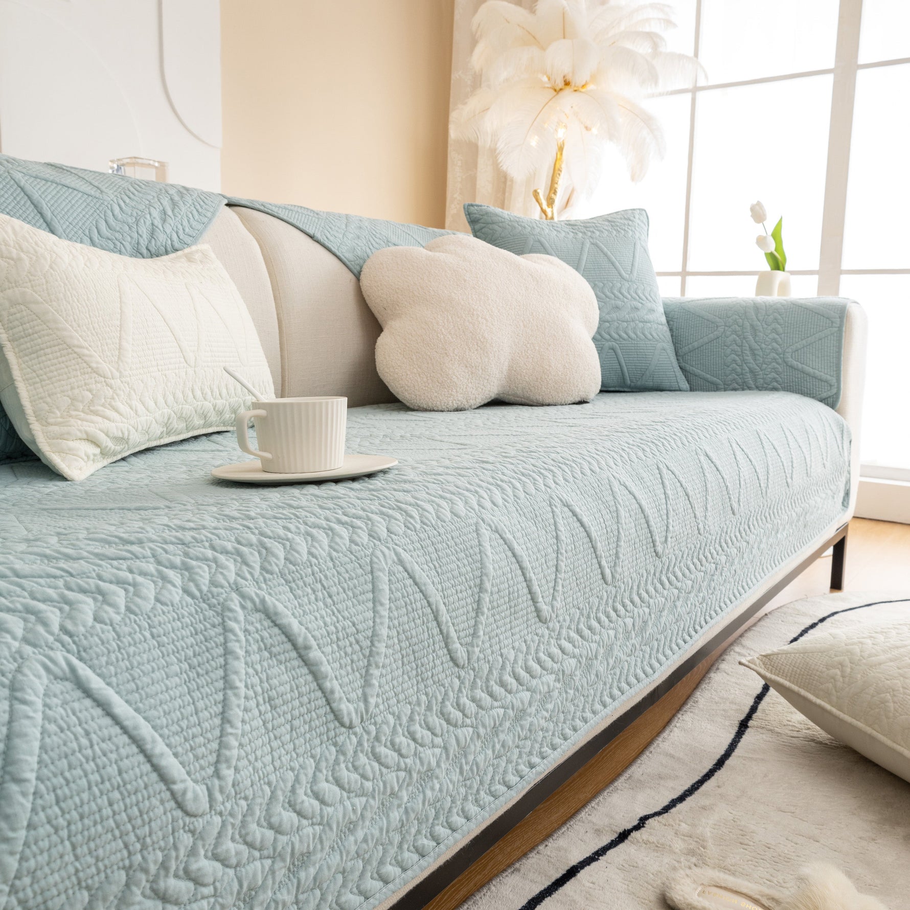 Geometric Textured Cotton Quilted Sofa Cover, Non-Slip Washable Couch Protector