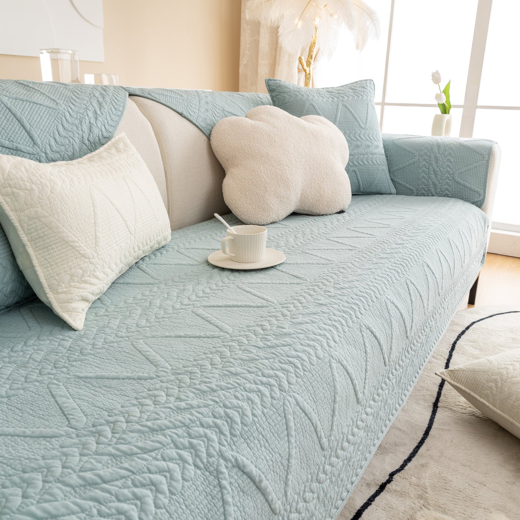 Geometric Textured Cotton Quilted Sofa Cover, Non-Slip Washable Couch Protector