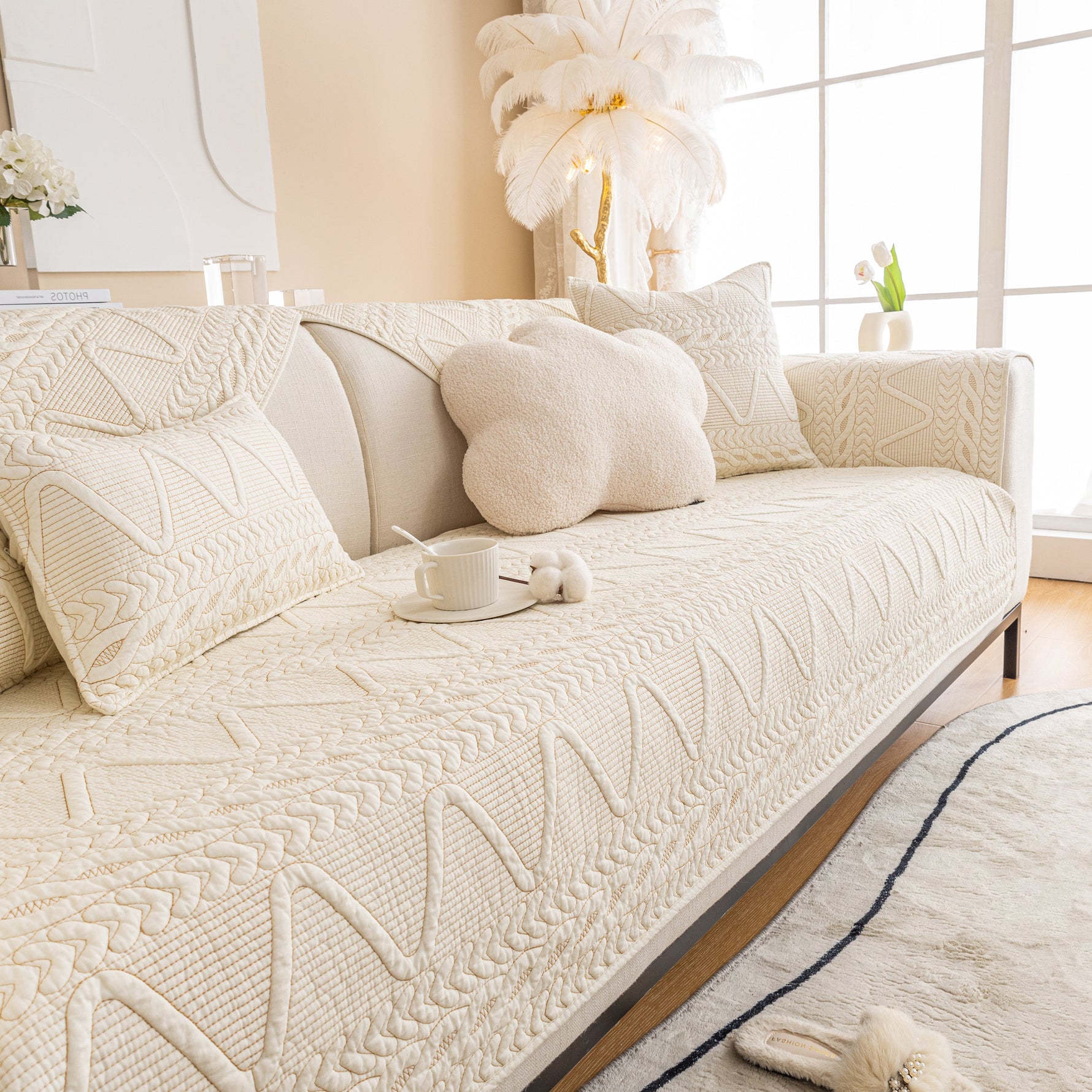 Geometric Textured Cotton Quilted Sofa Cover, Non-Slip Washable Couch Protector