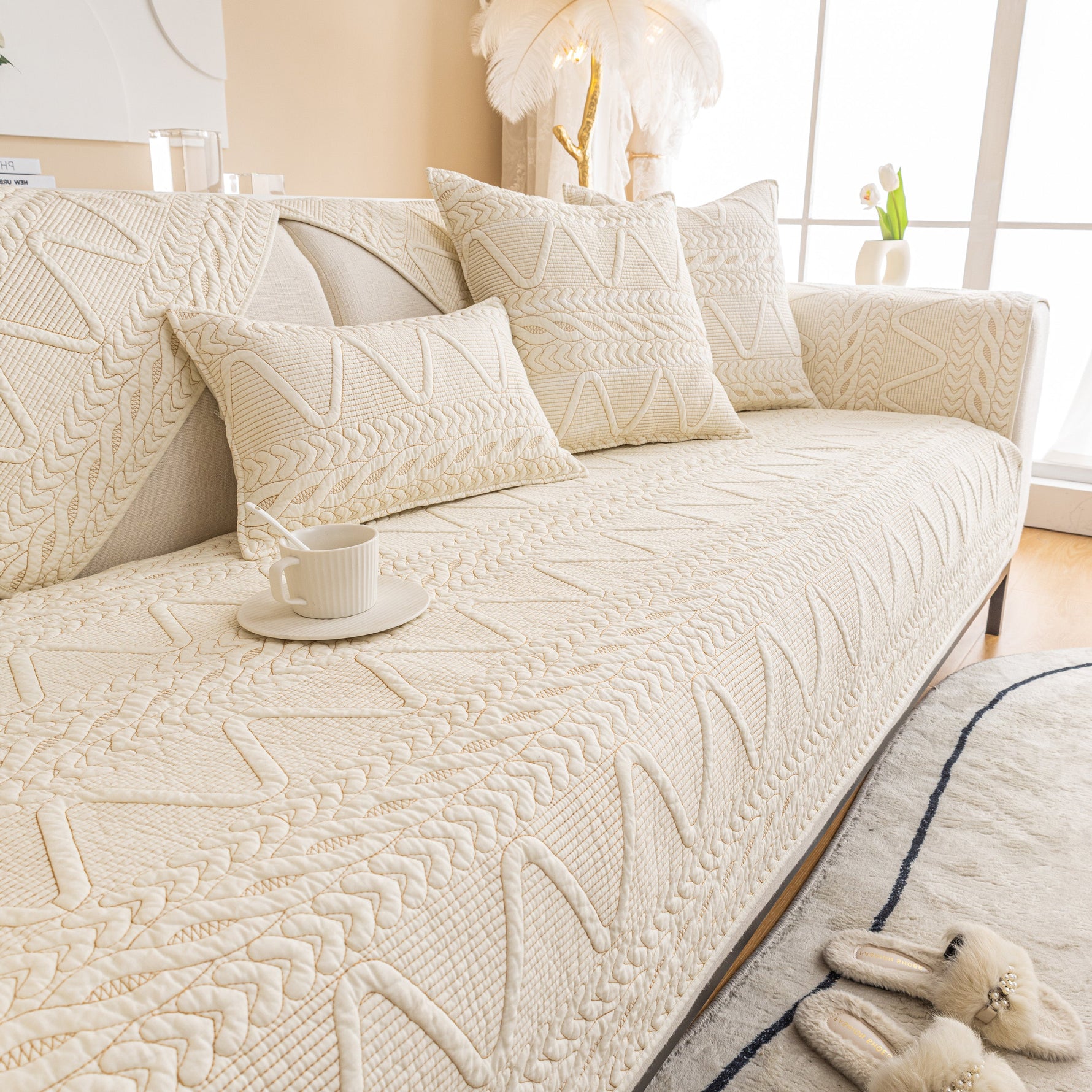 Geometric Textured Cotton Quilted Sofa Cover, Non-Slip Washable Couch Protector