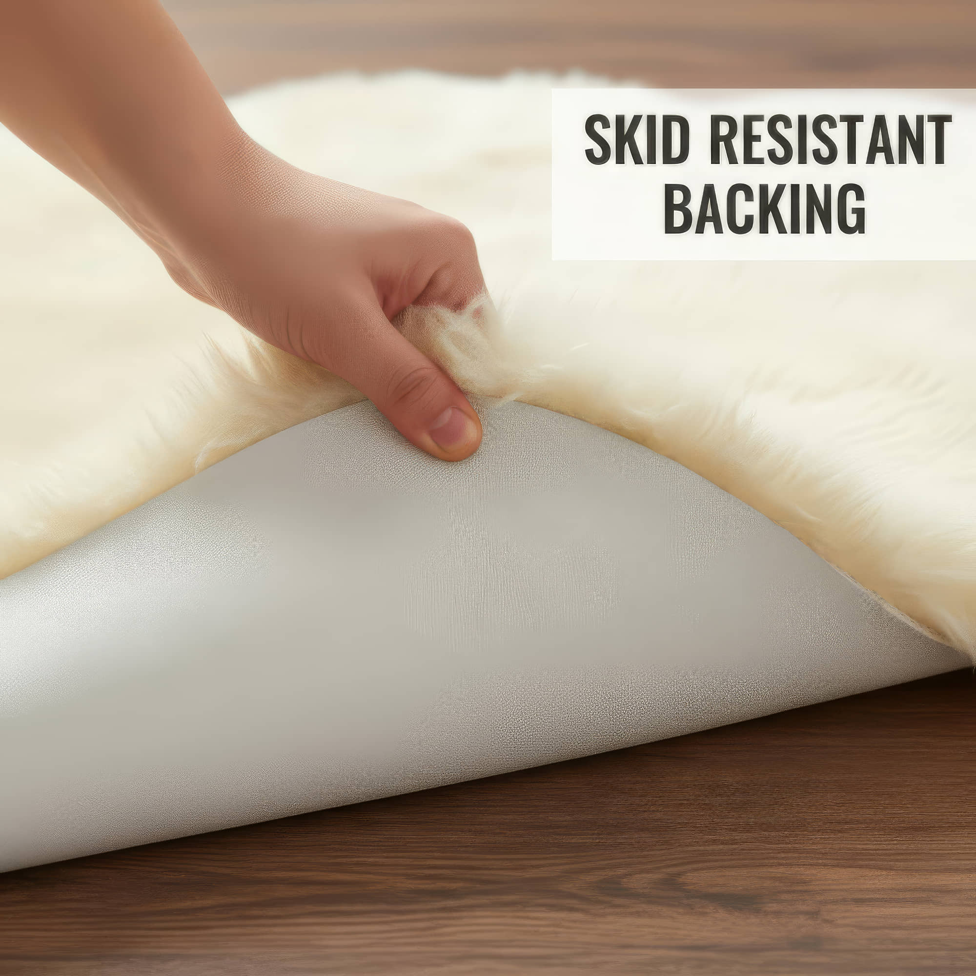 Hand lifting the corner of the sheepskin rug to show the skid resistant suede backing