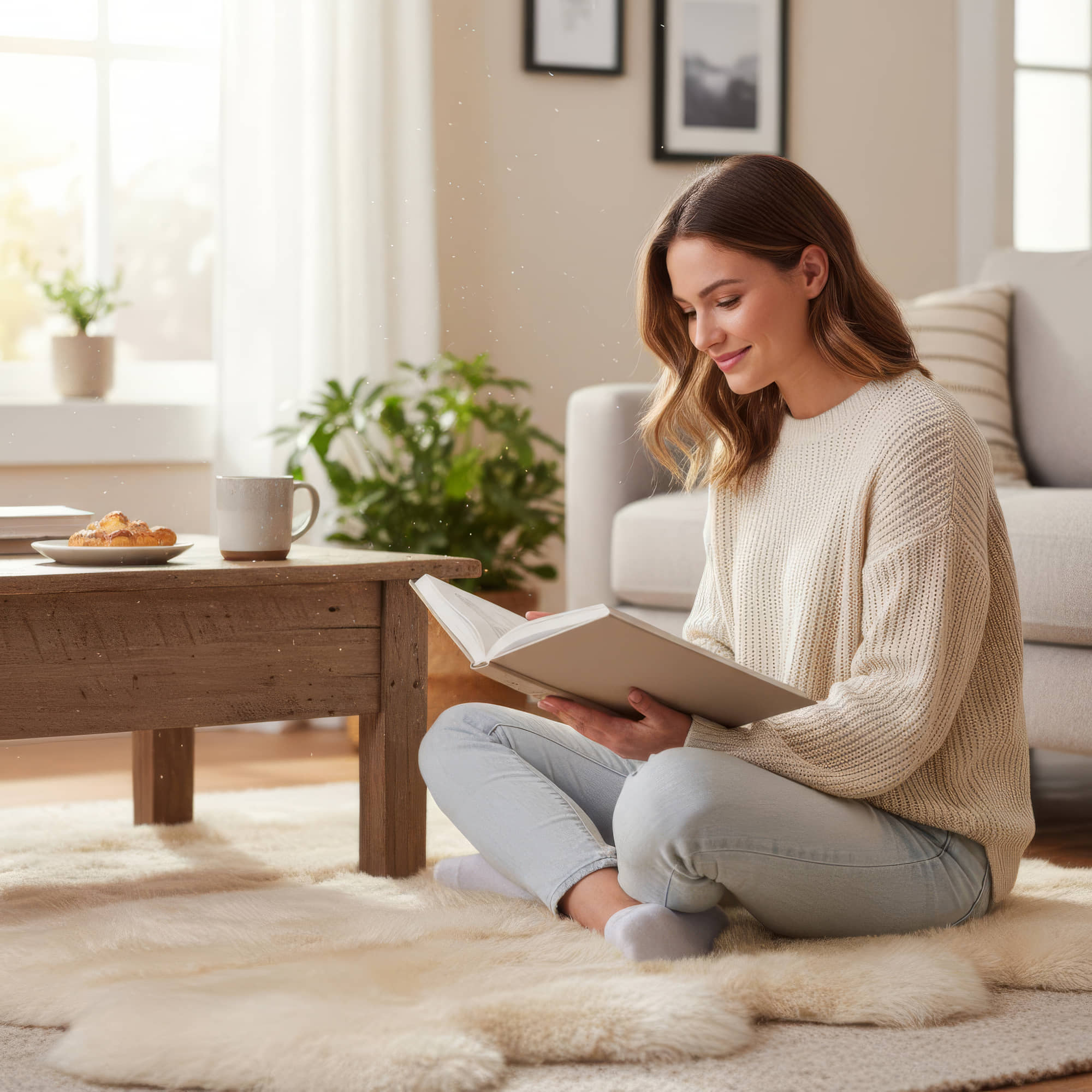 Woman reading a book while sitting on a champagne cream sheepskin rug in a sunlit living room #size_Octo (8-Pelt) 6×7 ft