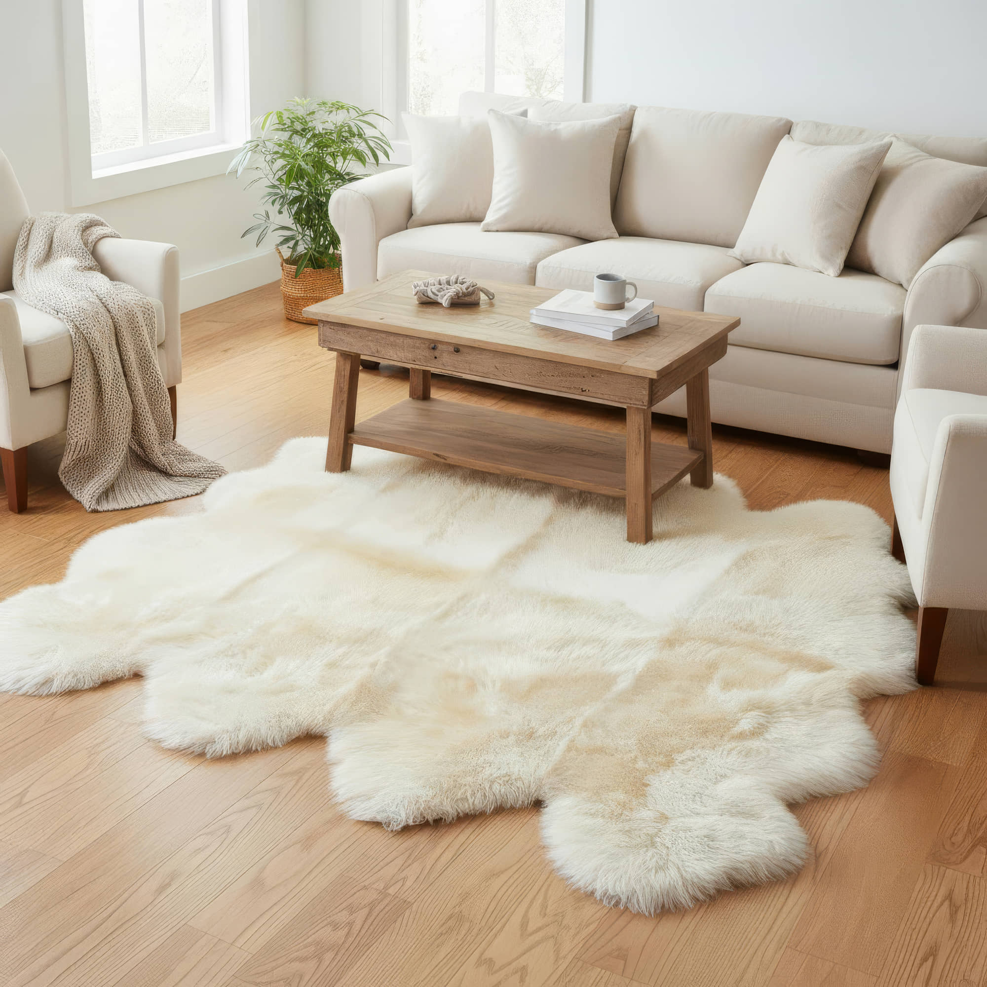 Champagne cream sheepskin rug filling a neutral living room with cream sofa and rustic wood coffee table #size_Octo (8-Pelt) 6×7 ft