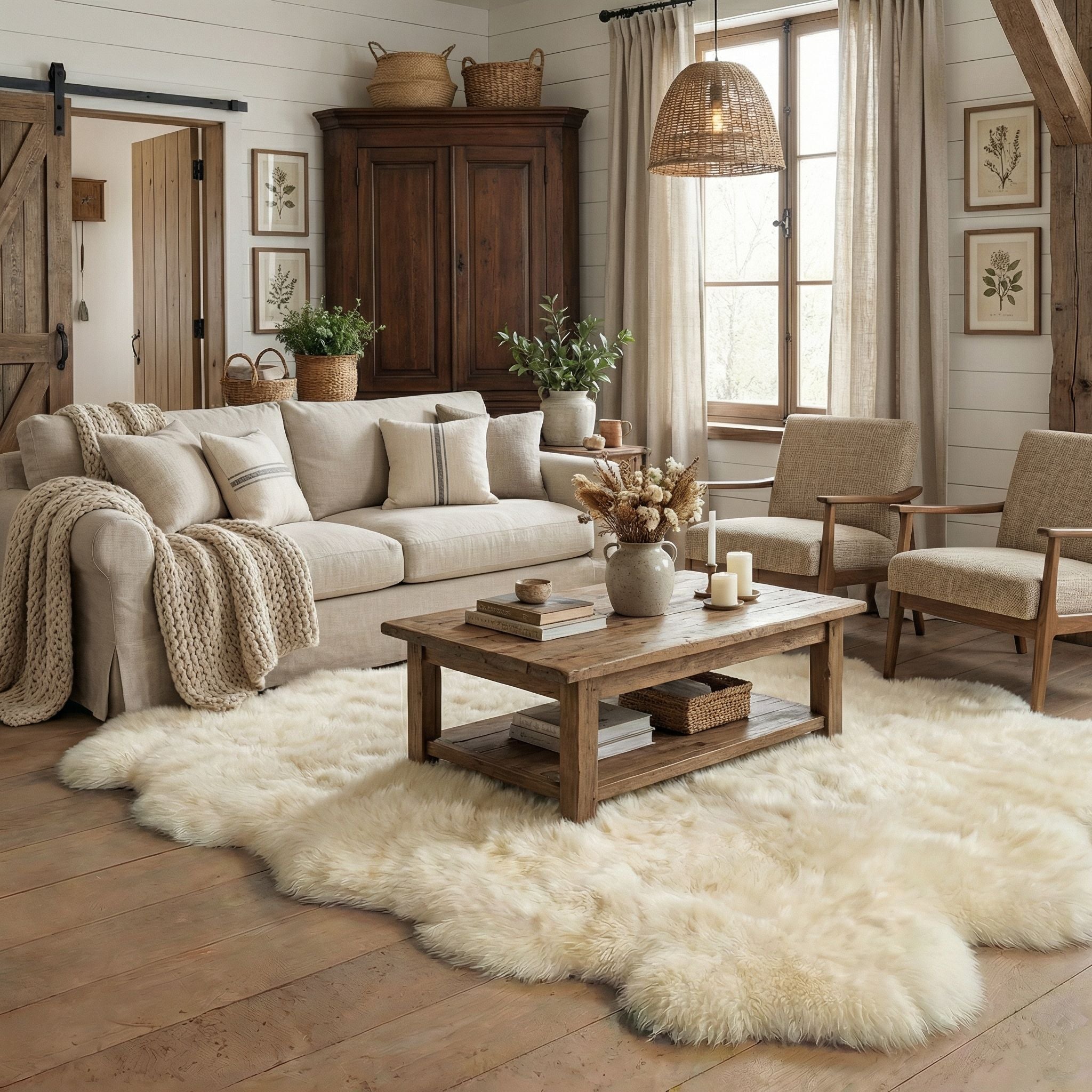 Champagne cream sheepskin rug in a farmhouse living room with linen sofa, rustic coffee table and shiplap walls #size_Sexto (6-Pelt) 5×6 ft