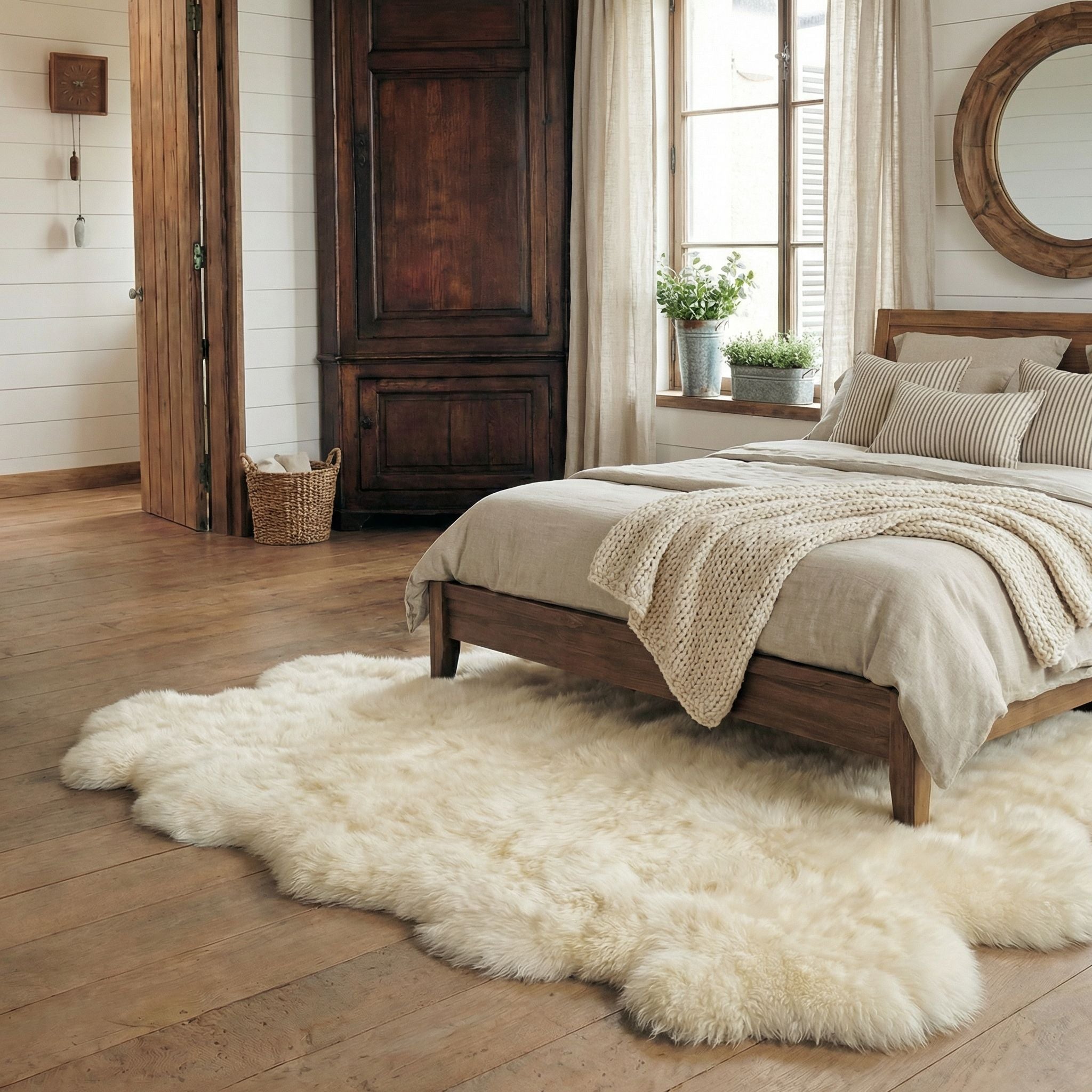 Champagne cream sheepskin rug beside a wooden bed with linen bedding in a farmhouse bedroom #size_Sexto (6-Pelt) 5×6 ft