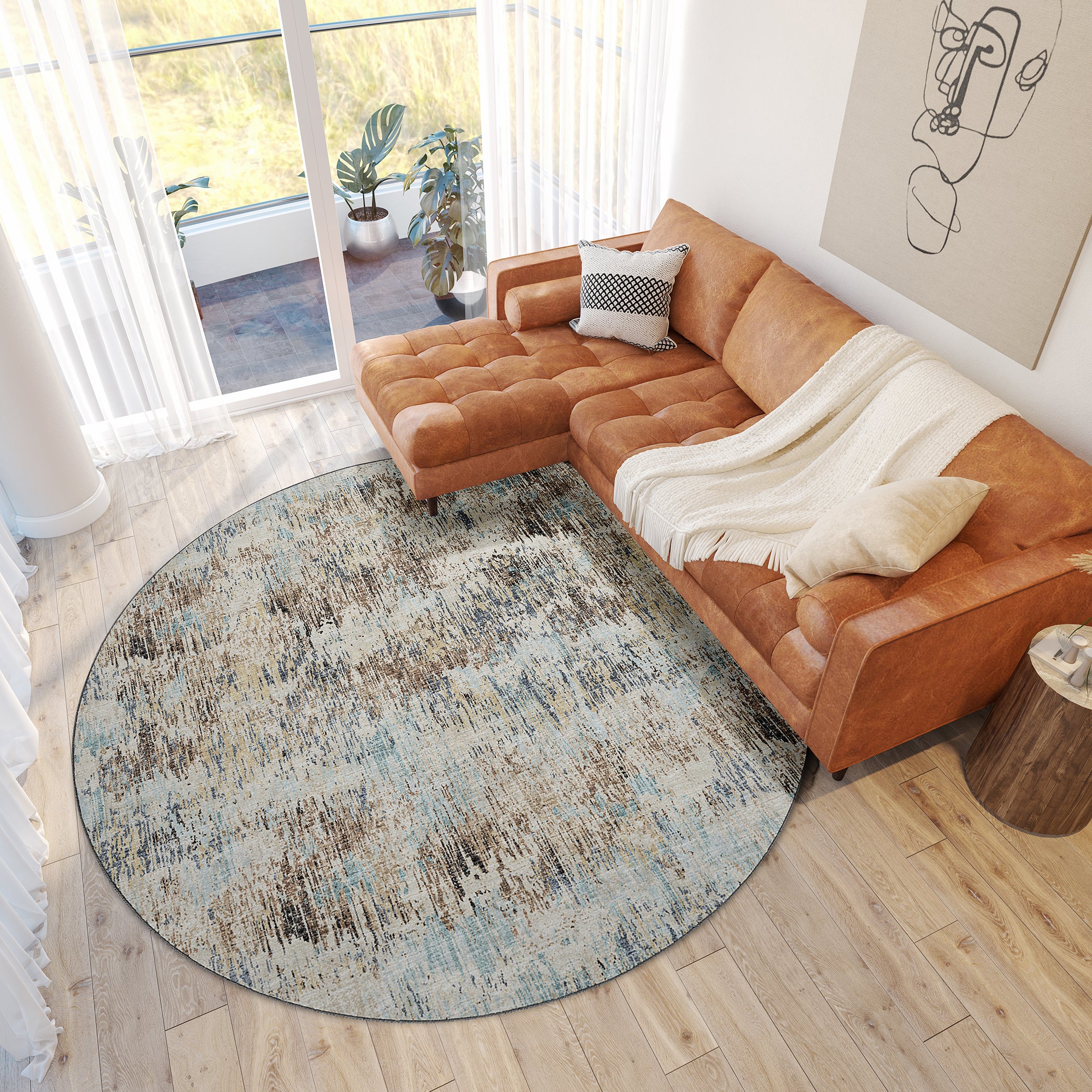 Luxury Machine Washable Indoor/Outdoor Transitional CM1 Driftwood Multi Rug 8' x 8' #shape_Round