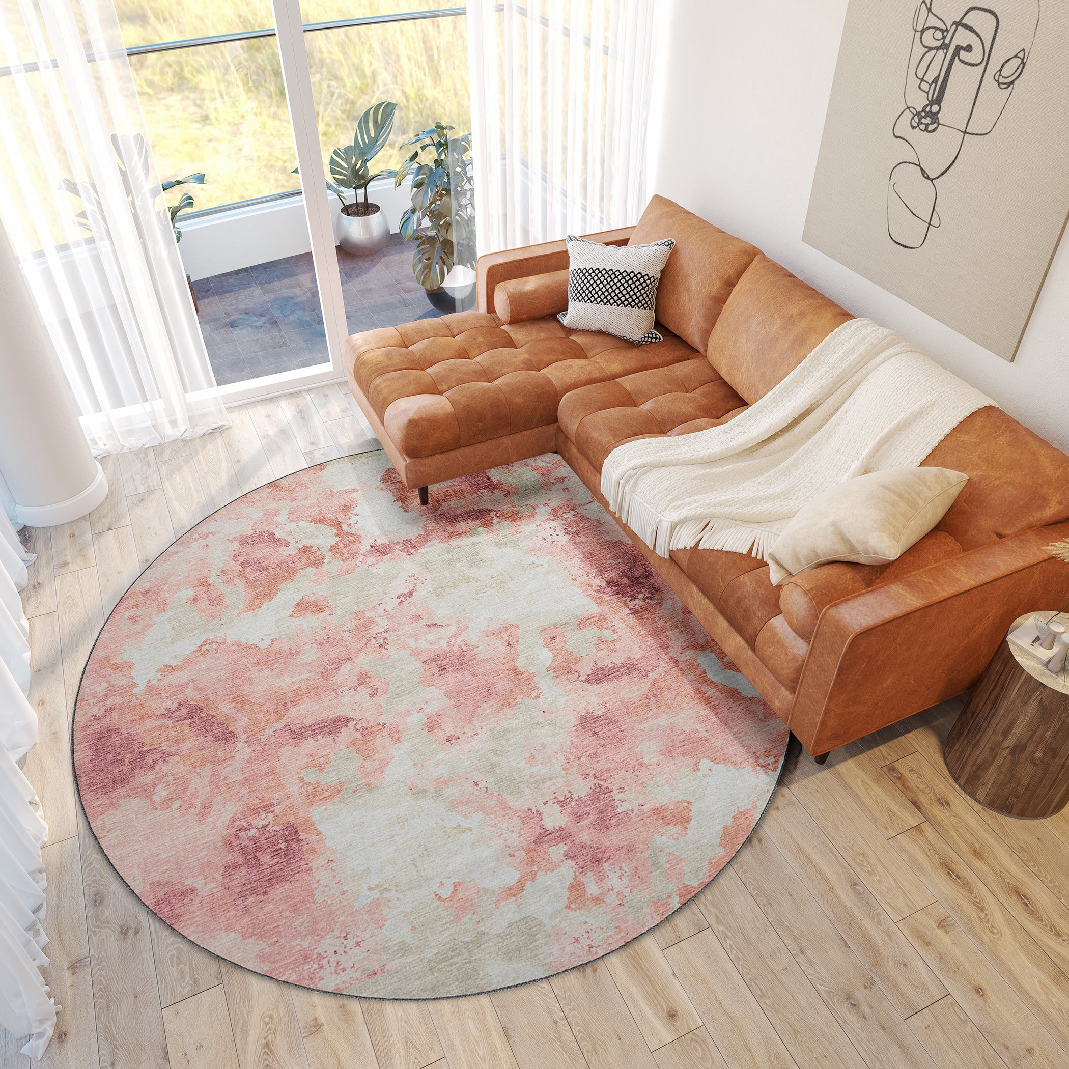 Luxury Machine Washable Indoor/Outdoor Transitional CM2 Blush Pink Rug 8' x 8' #shape_Round