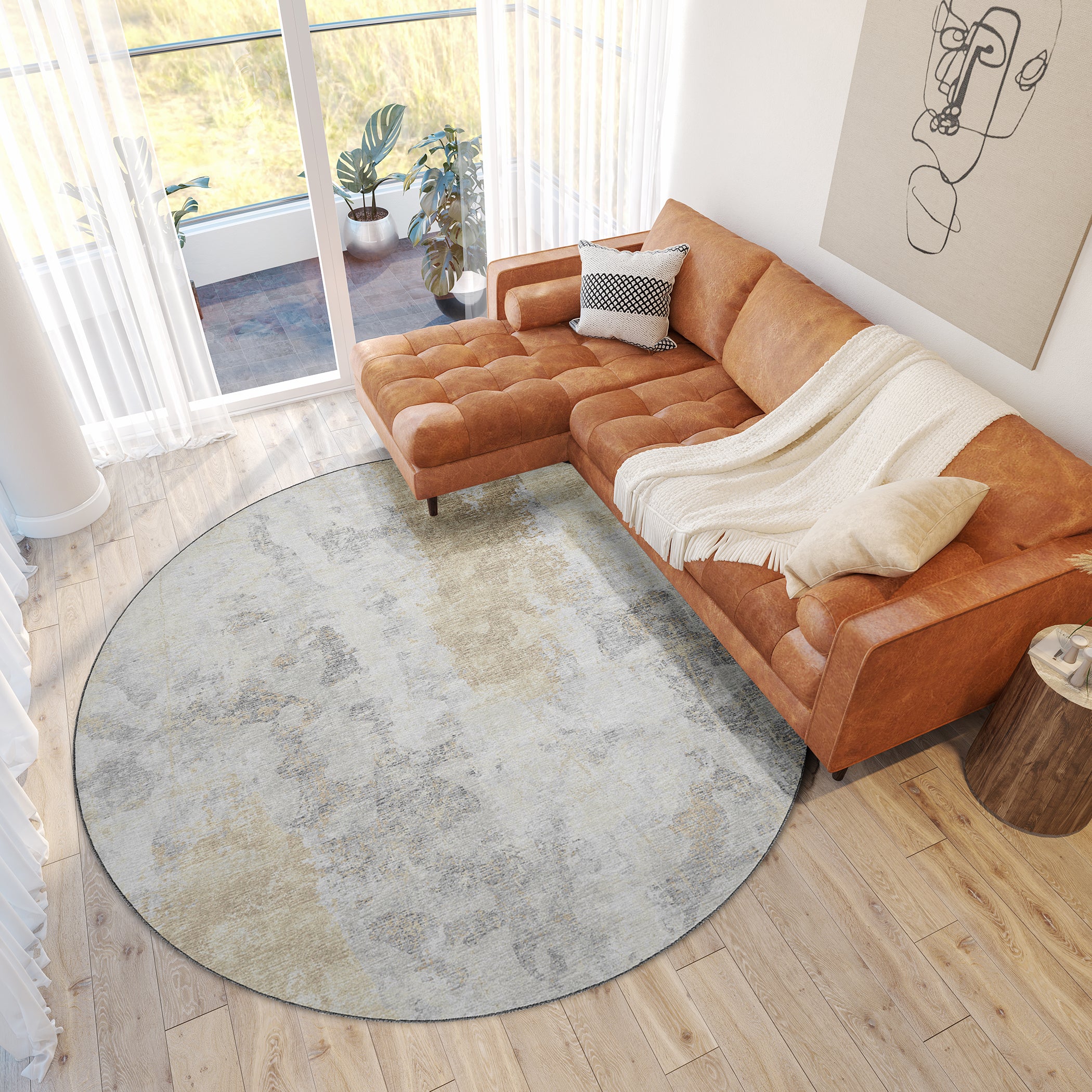 Luxury Machine Washable Indoor/Outdoor Transitional CM3 Biscotti Ivory Rug 8' x 8' #shape_Round