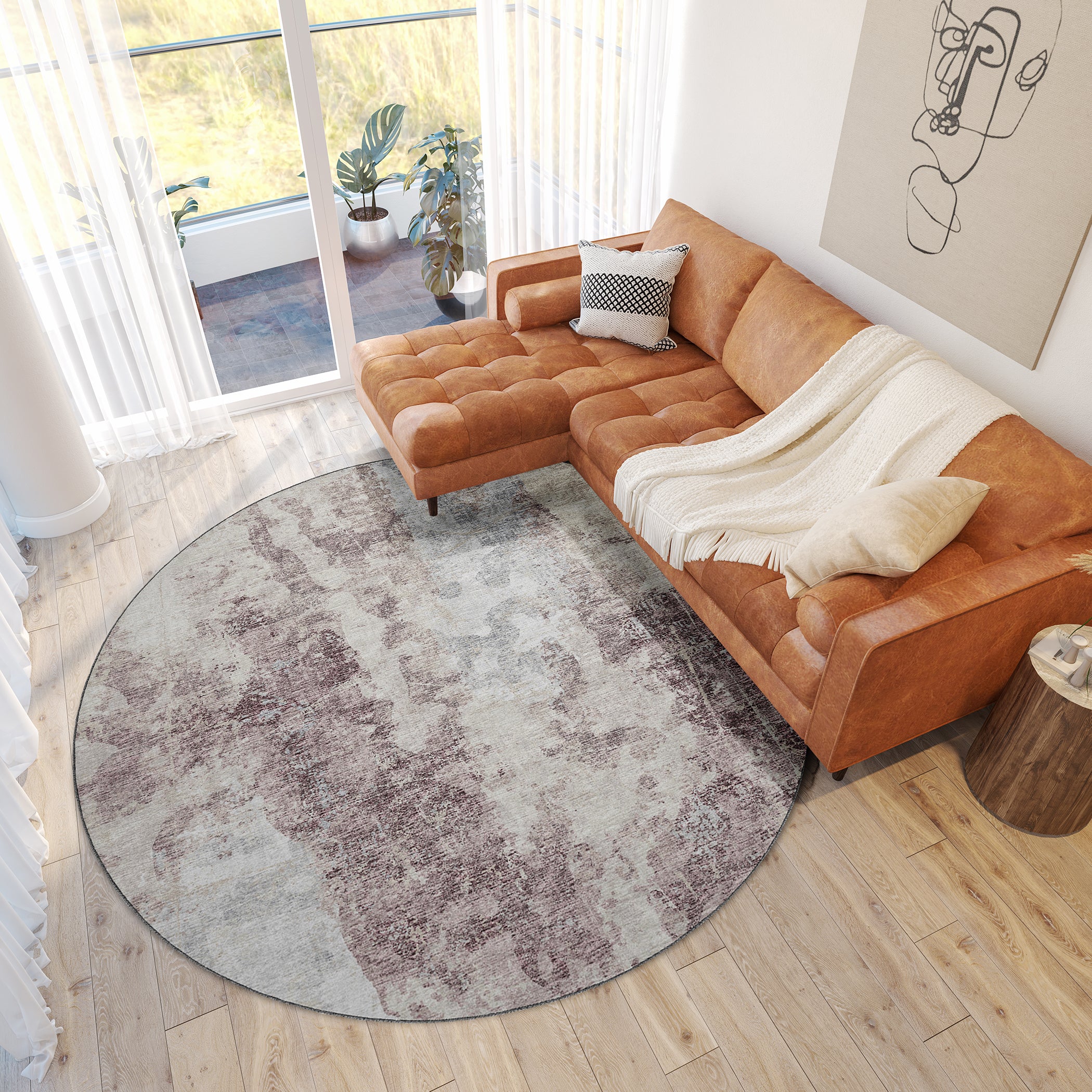Luxury Machine Washable Indoor/Outdoor Transitional CM3 Merlot Multi Rug 8' x 8' #shape_Round