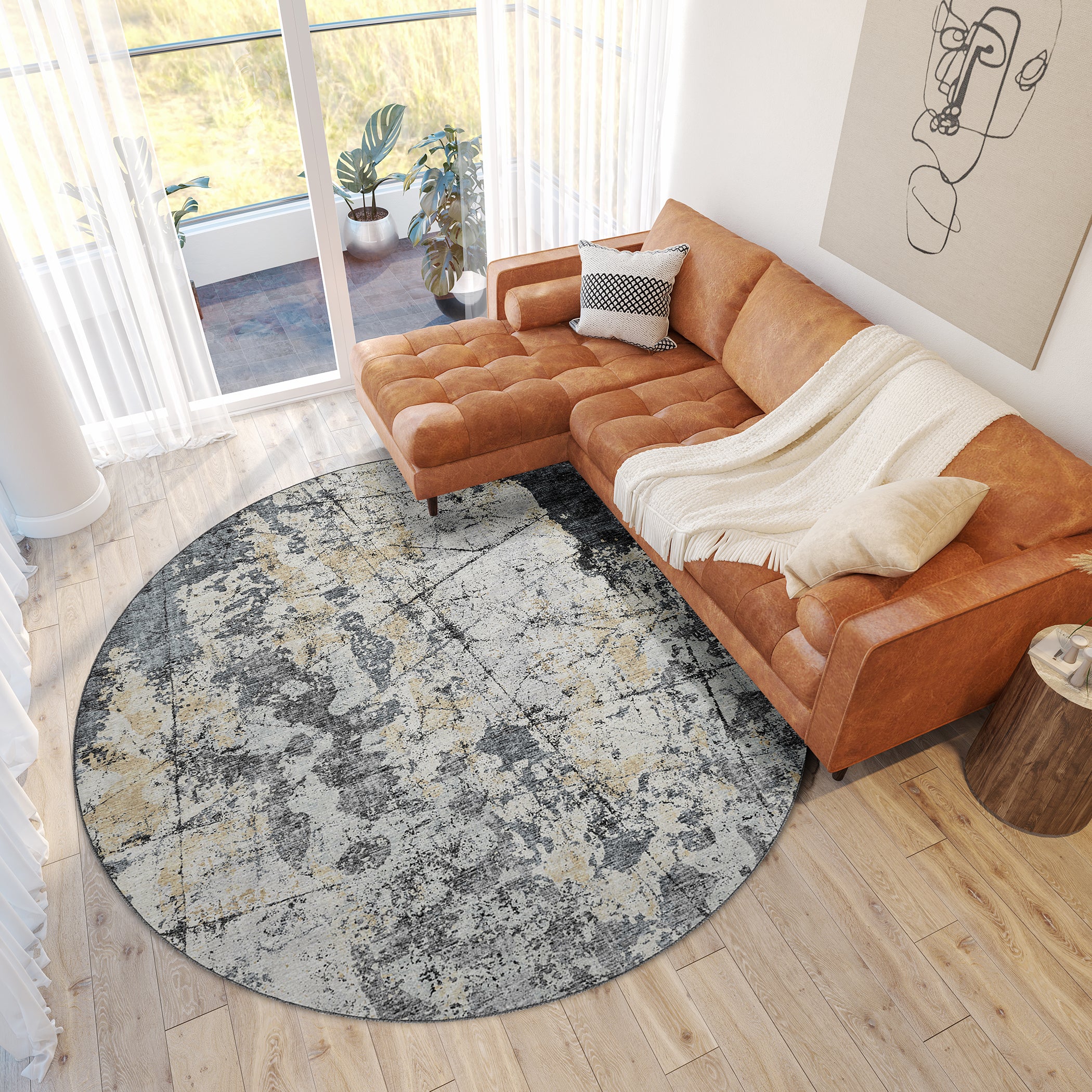 Luxury Machine Washable Indoor/Outdoor Transitional CM3 Midnight Black Rug 8' x 8' #shape_Round