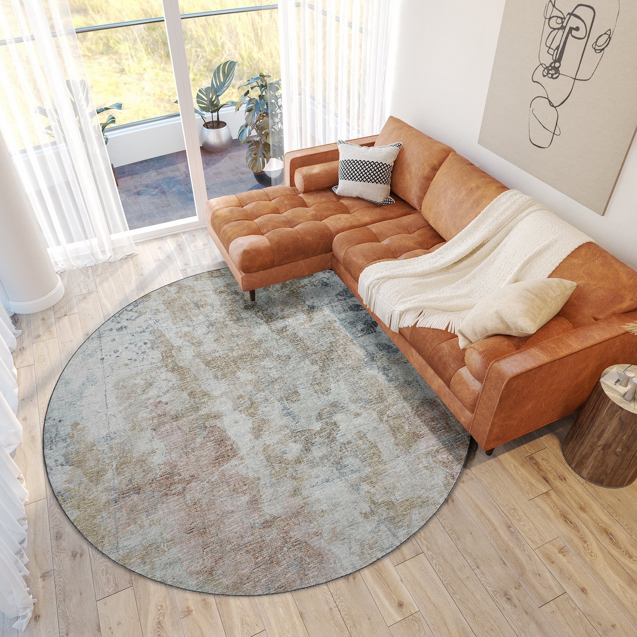 Luxury Machine Washable Indoor/Outdoor Transitional CM3 Mineral Blue Rug 8' x 8' #shape_Round