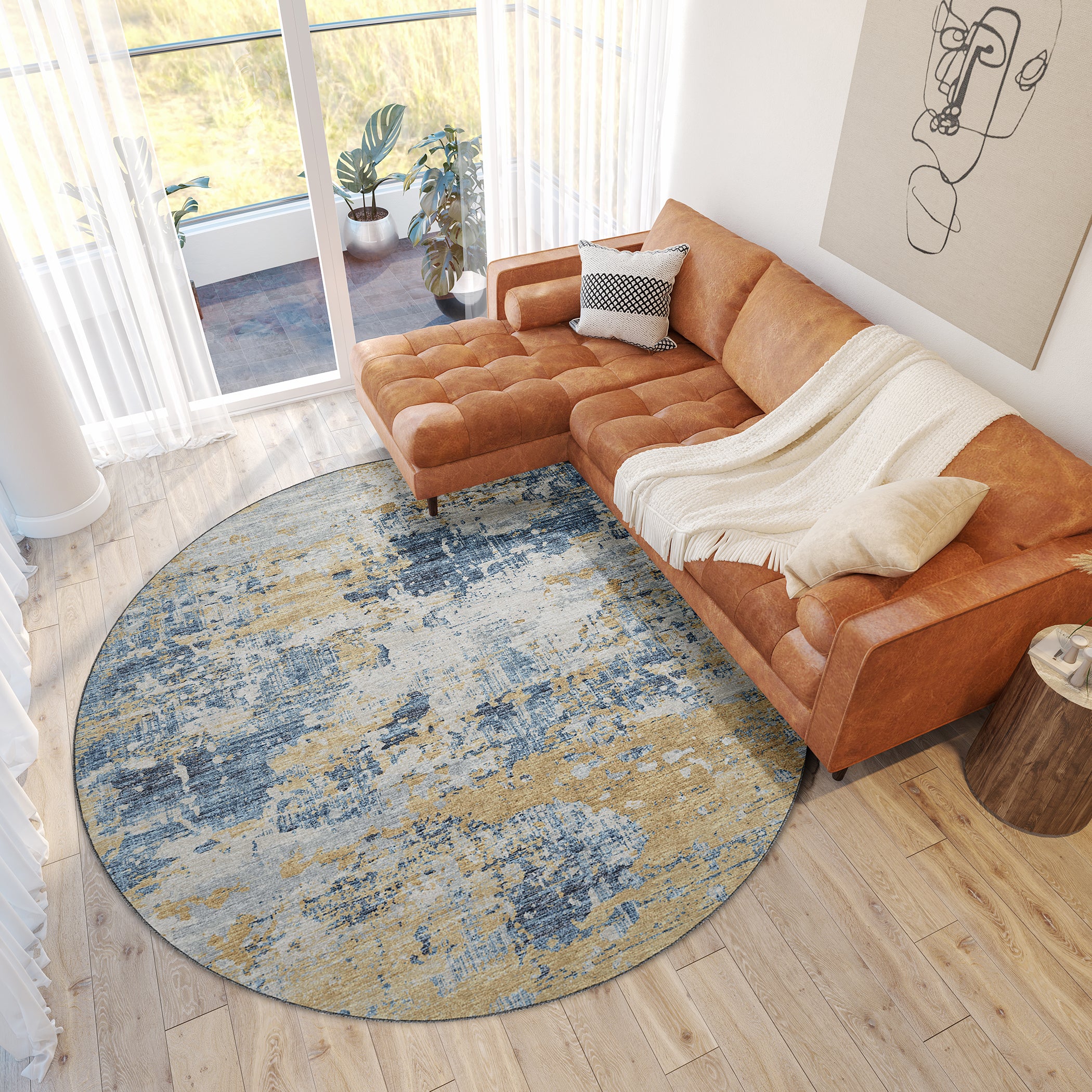 Luxury Machine Washable Indoor/Outdoor Transitional CM4 Navy Blue Rug 8' x 8' #shape_Round