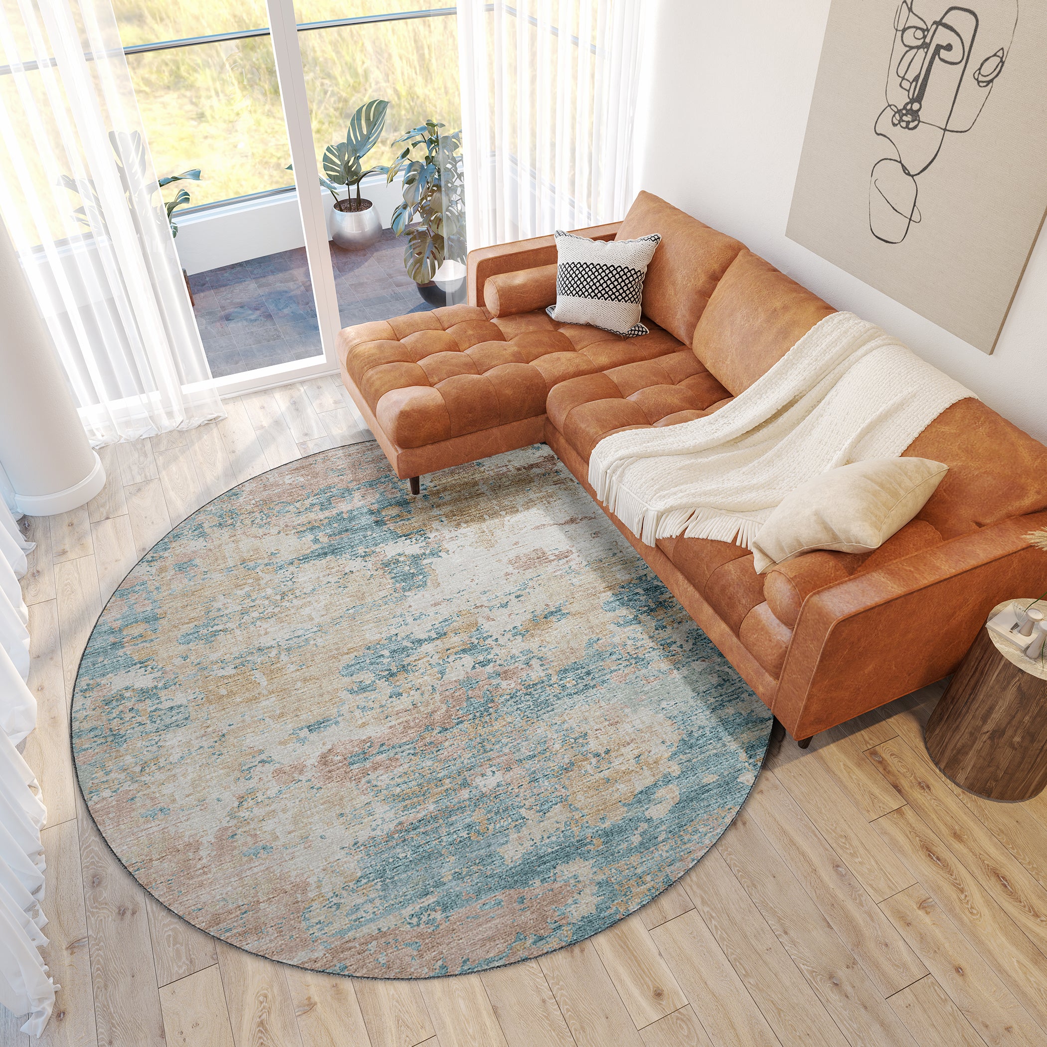 Luxury Machine Washable Indoor/Outdoor Transitional CM4 Parchment Ivory Rug 8' x 8' #shape_Round