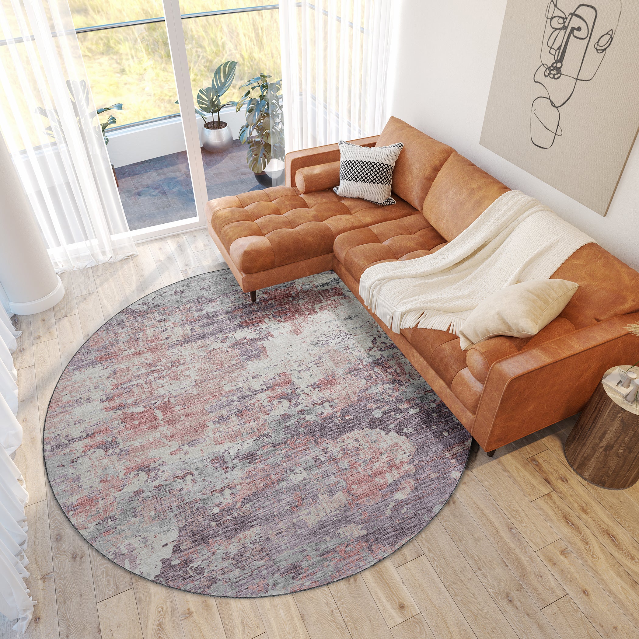 Luxury Machine Washable Indoor/Outdoor Transitional CM4 Rose Pink Rug 8' x 8' #shape_Round