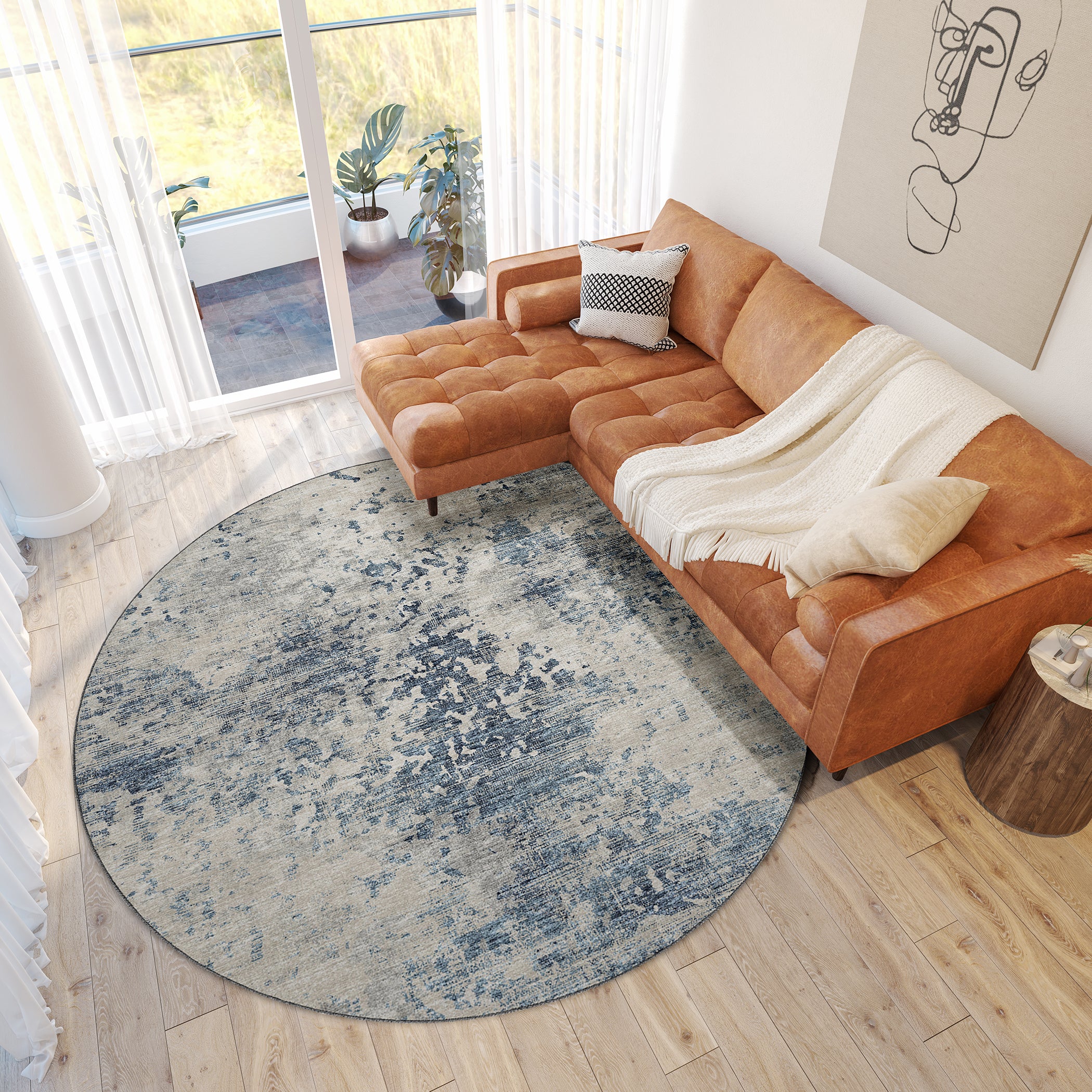 Luxury Machine Washable Indoor/Outdoor Transitional CM5 Ink Blue Rug 8' x 8' #shape_Round