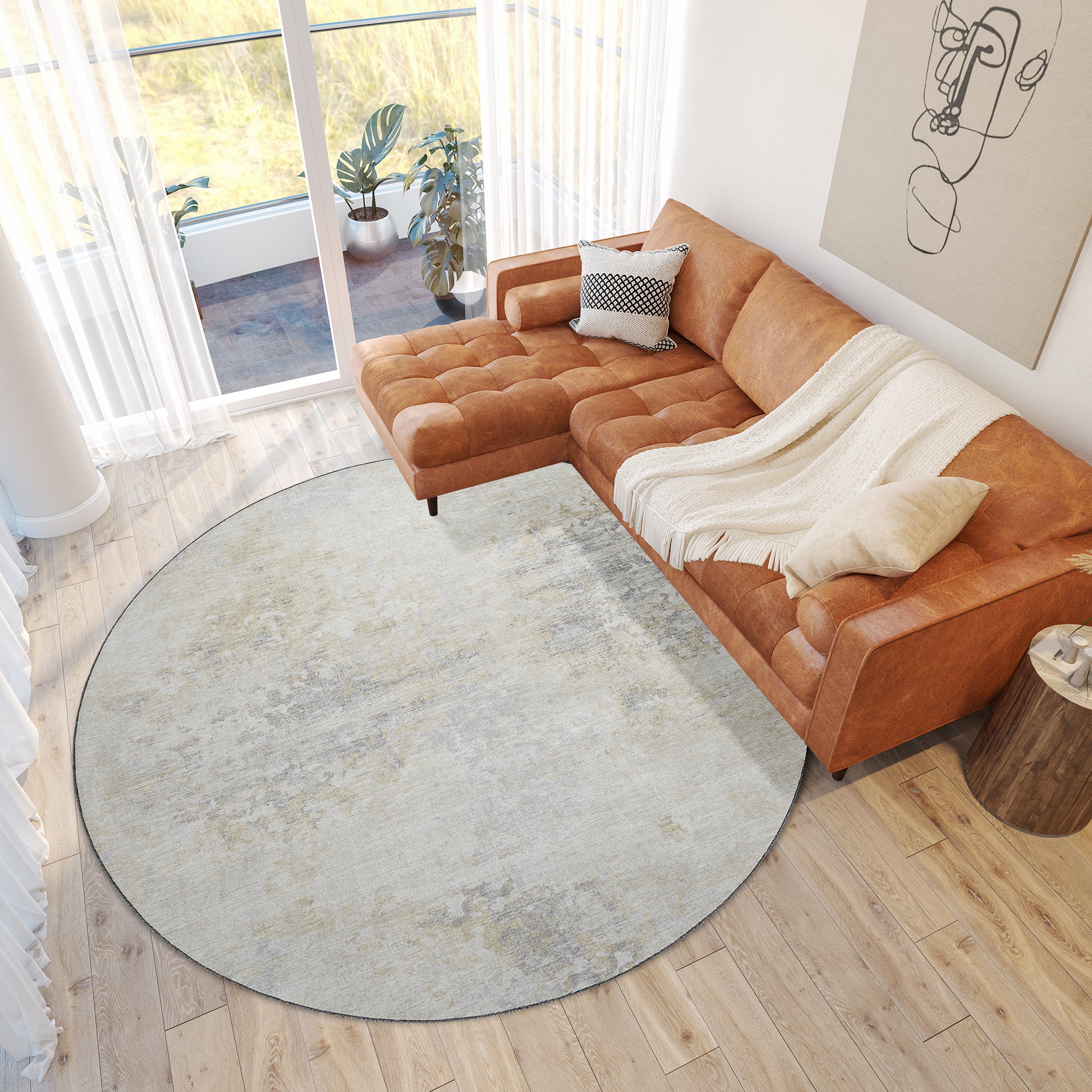 Luxury Machine Washable Indoor/Outdoor Transitional CM5 Linen Ivory Rug 8' x 8' #shape_Round