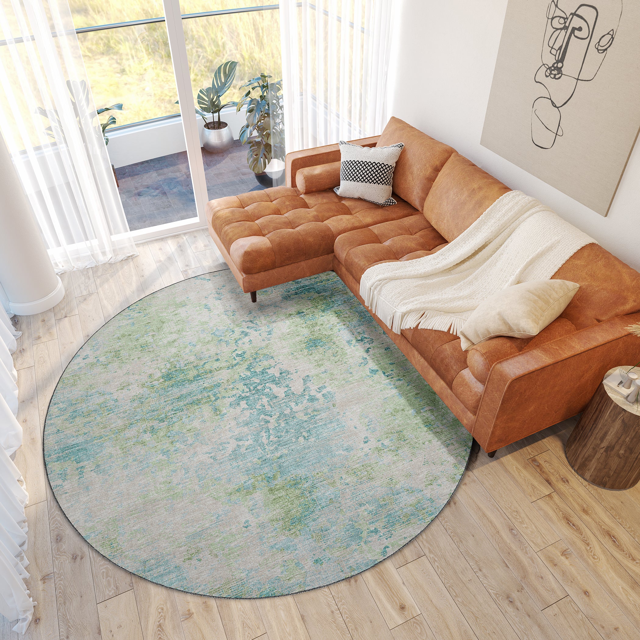 Luxury Machine Washable Indoor/Outdoor Transitional CM5 Meadow Green Rug 8' x 8' #shape_Round