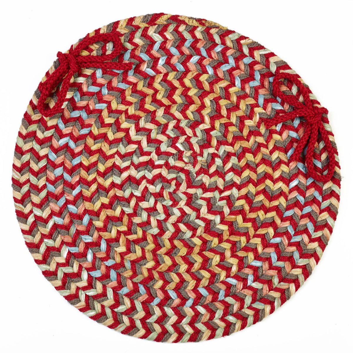 Confetti Braided Chair Pad - Brilliant Red - 15 inch round with ties