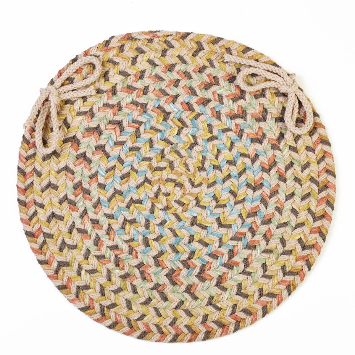 Confetti Braided Chair Pad - Earth Beige - 15 inch round with ties