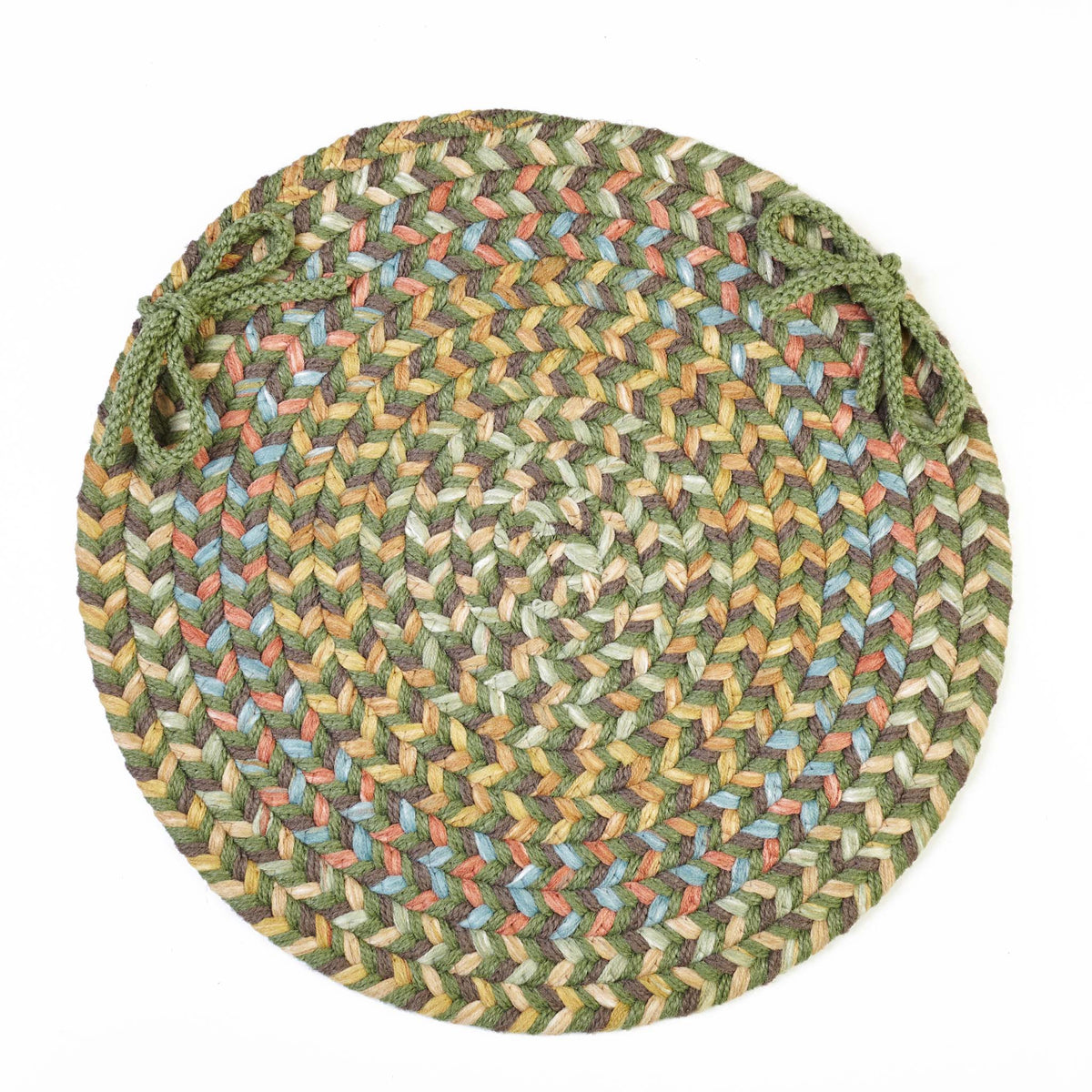 Confetti Braided Chair Pad - Olive - 15 inch round with ties