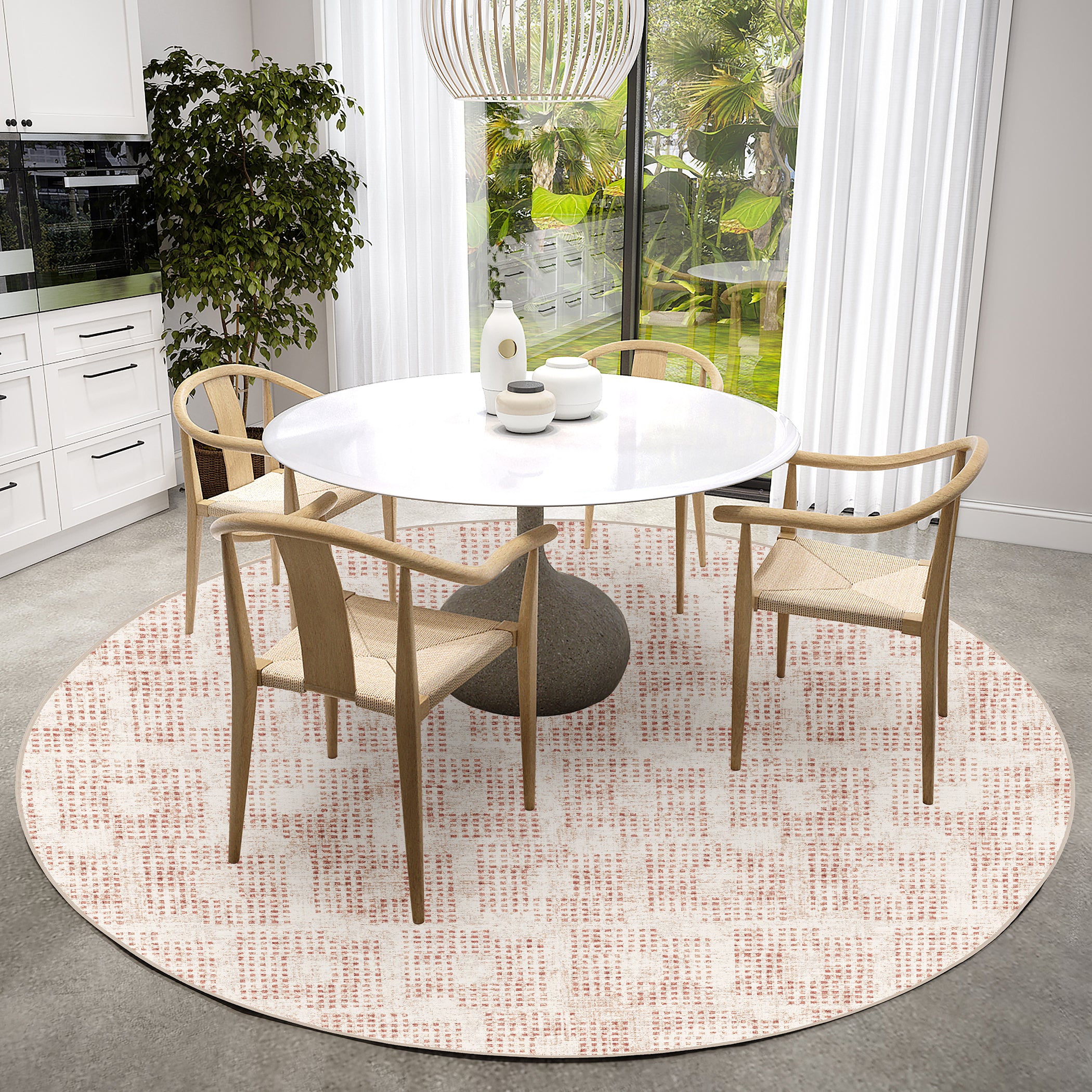 Indoor/Outdoor Transitional DA1 Linen Ivory Rug 4' x 4' #shape_Round