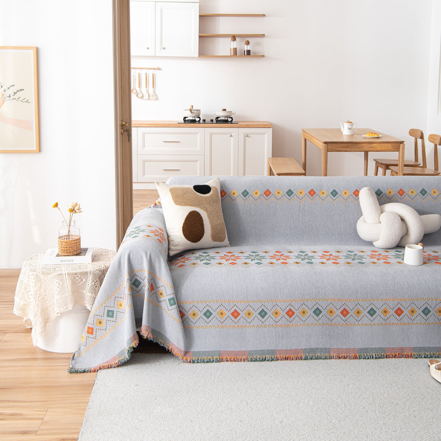 Bohemian Geometric Sofa Throw Cover, Cozy & Protective Ethnic-Inspired Couch Cover