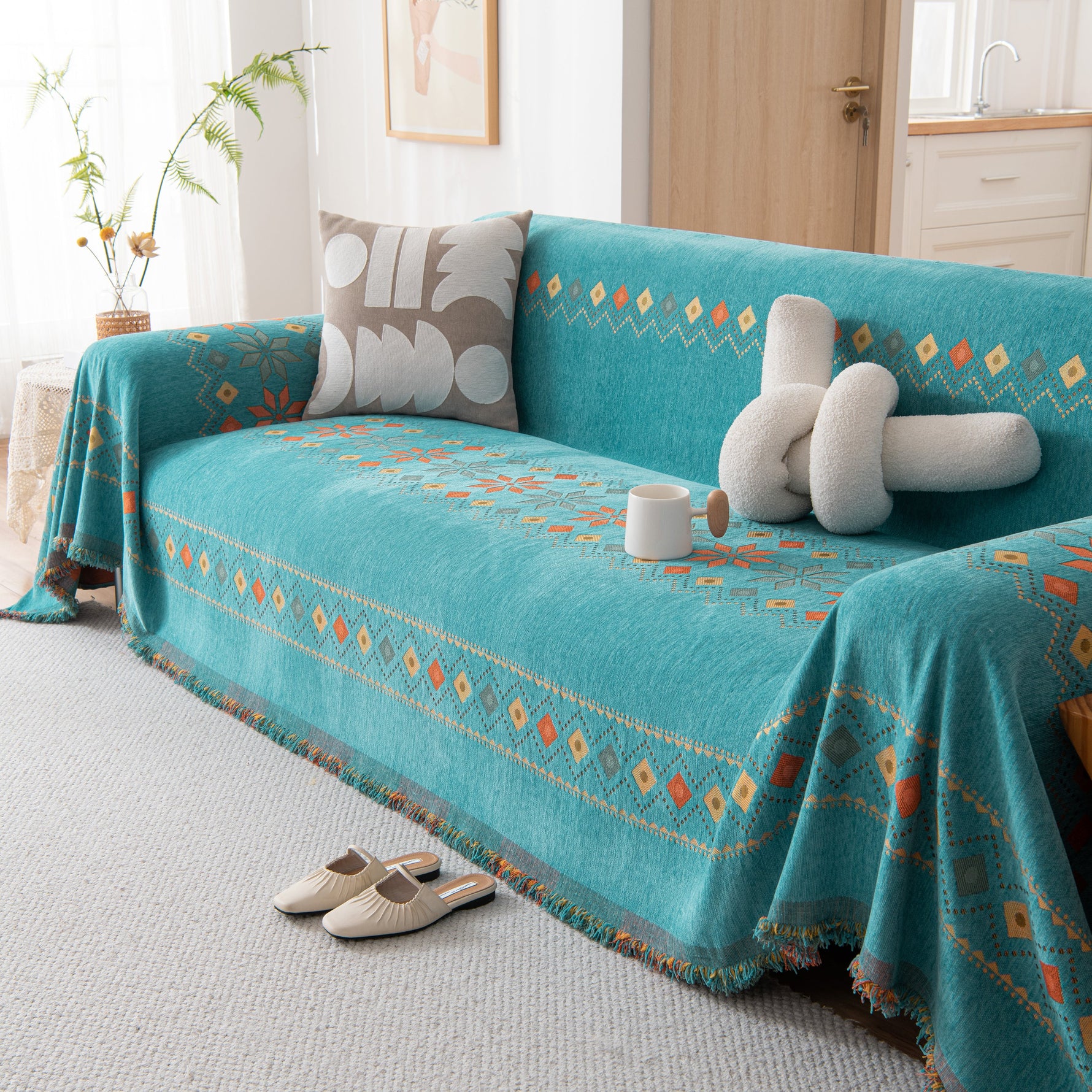 Bohemian Geometric Sofa Throw Cover, Cozy & Protective Ethnic-Inspired Couch Cover